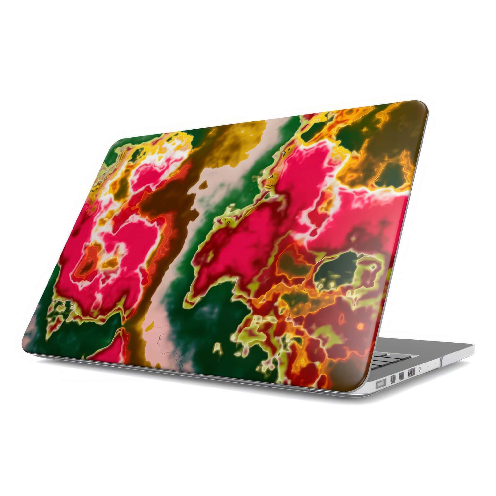 MacBook case side view; Neon Pink Rich pattern, artistic, abstract marble pattern. Pink and green color combination. Bold expressive aesthetic design. Colorful and interior fit.