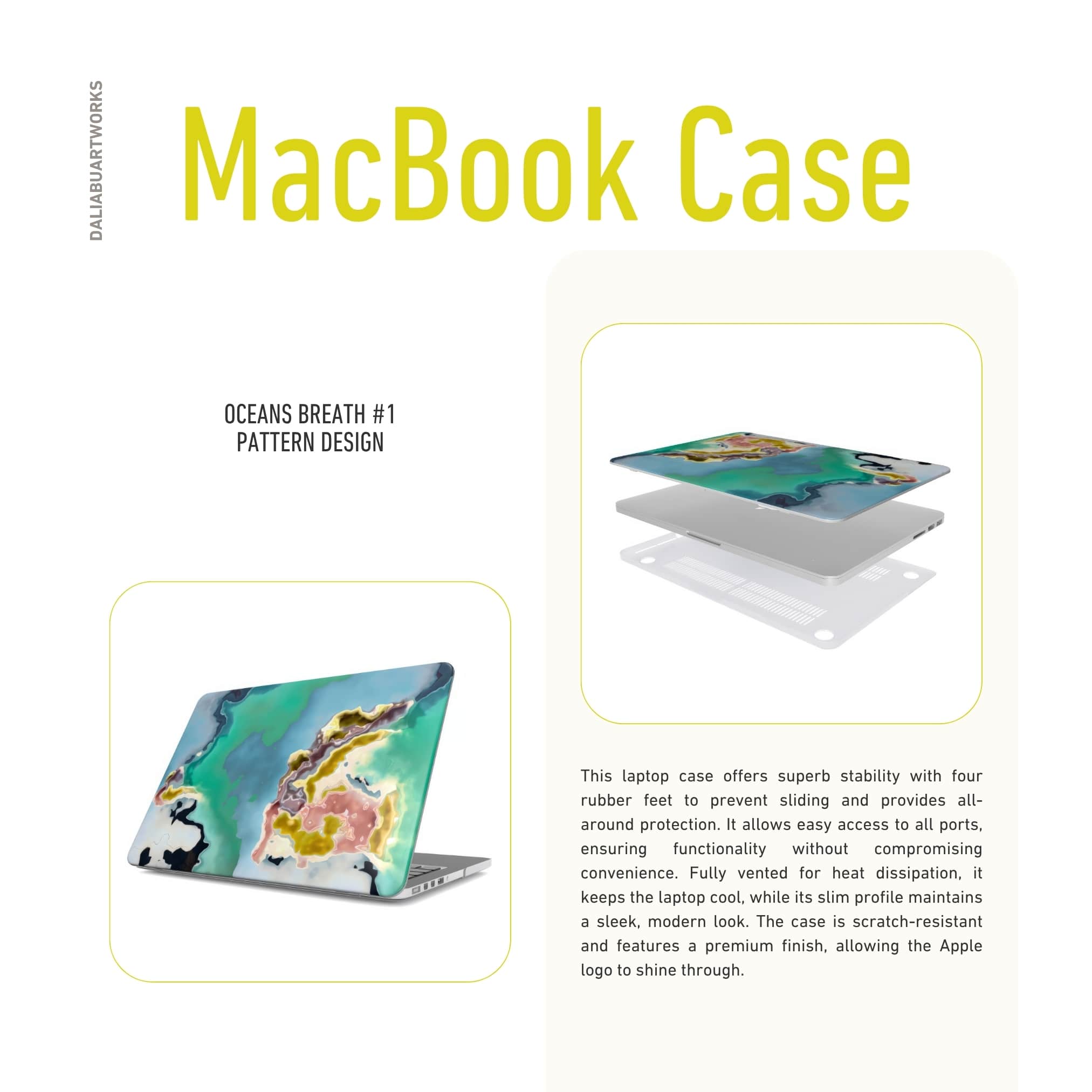MacBook case with a bold vivid pattern Oceans Breath 1 in marble abstract and artistic style, featuring an elegant and expressive aesthetic design. Main colors are blue and green. Description.