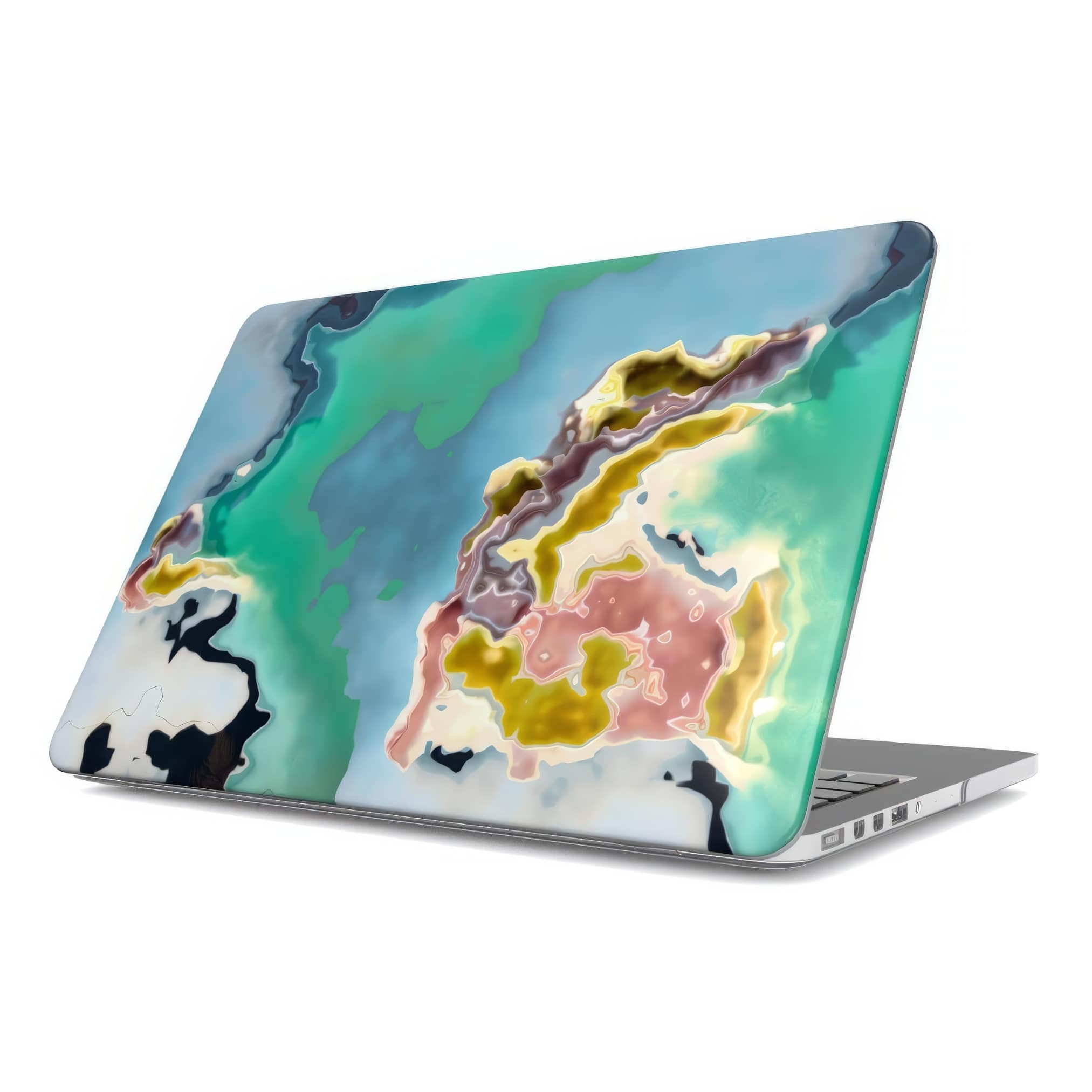 MacBook case with a bold vivid pattern Oceans Breath 1 in marble abstract and artistic style, featuring an elegant and expressive aesthetic design. Main colors are blue and green. Side view.