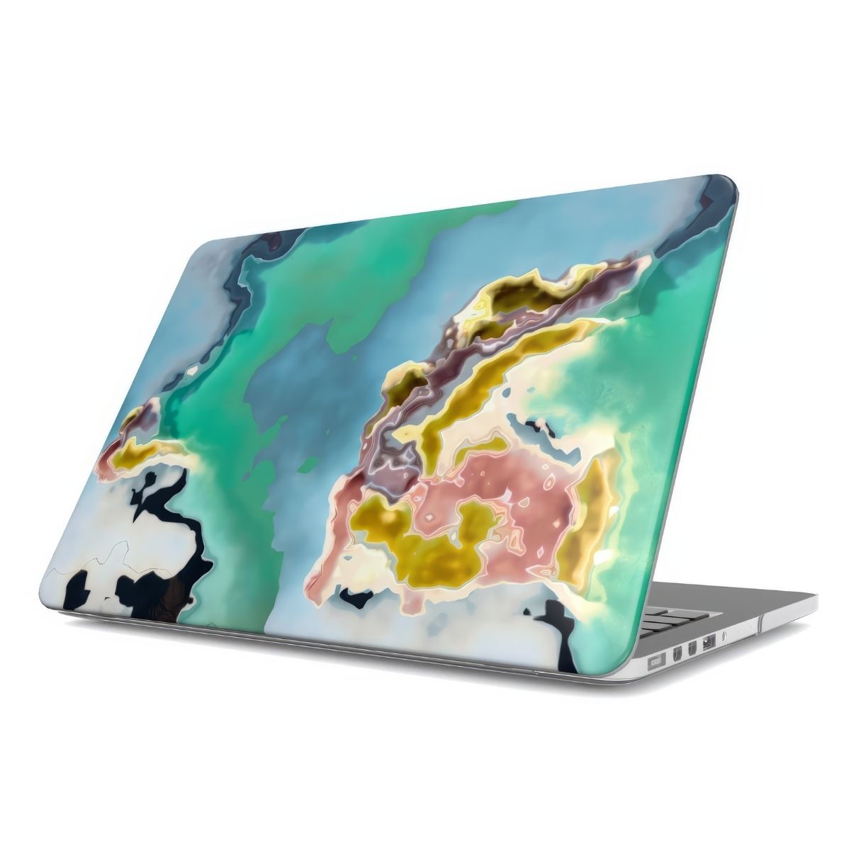 MacBook case with a bold vivid pattern Oceans Breath in marble abstract and artistic style, featuring an elegant and expressive aesthetic design. Main colors are blue and green. Side view.