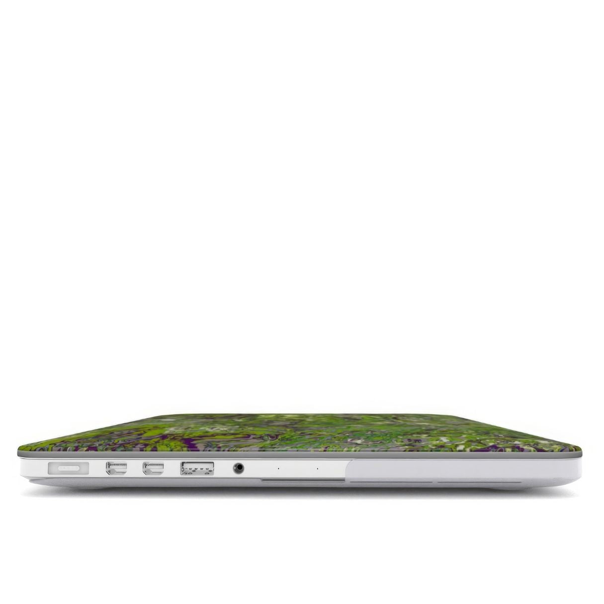 MacBook case with a bold vivid pattern Olive Smash abstract and artistic style, featuring an elegant and expressive aesthetic design. Main colors are olive green and purple hues. Closed view.