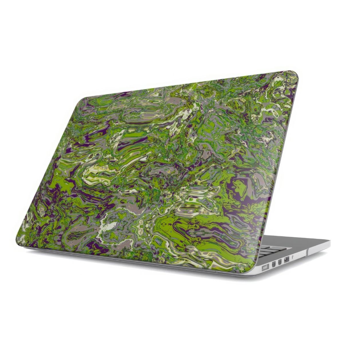 MacBook case with a bold vivid pattern Olive Smash abstract and artistic style, featuring an elegant and expressive aesthetic design. Main colors are olive green and purple hues. Side view.