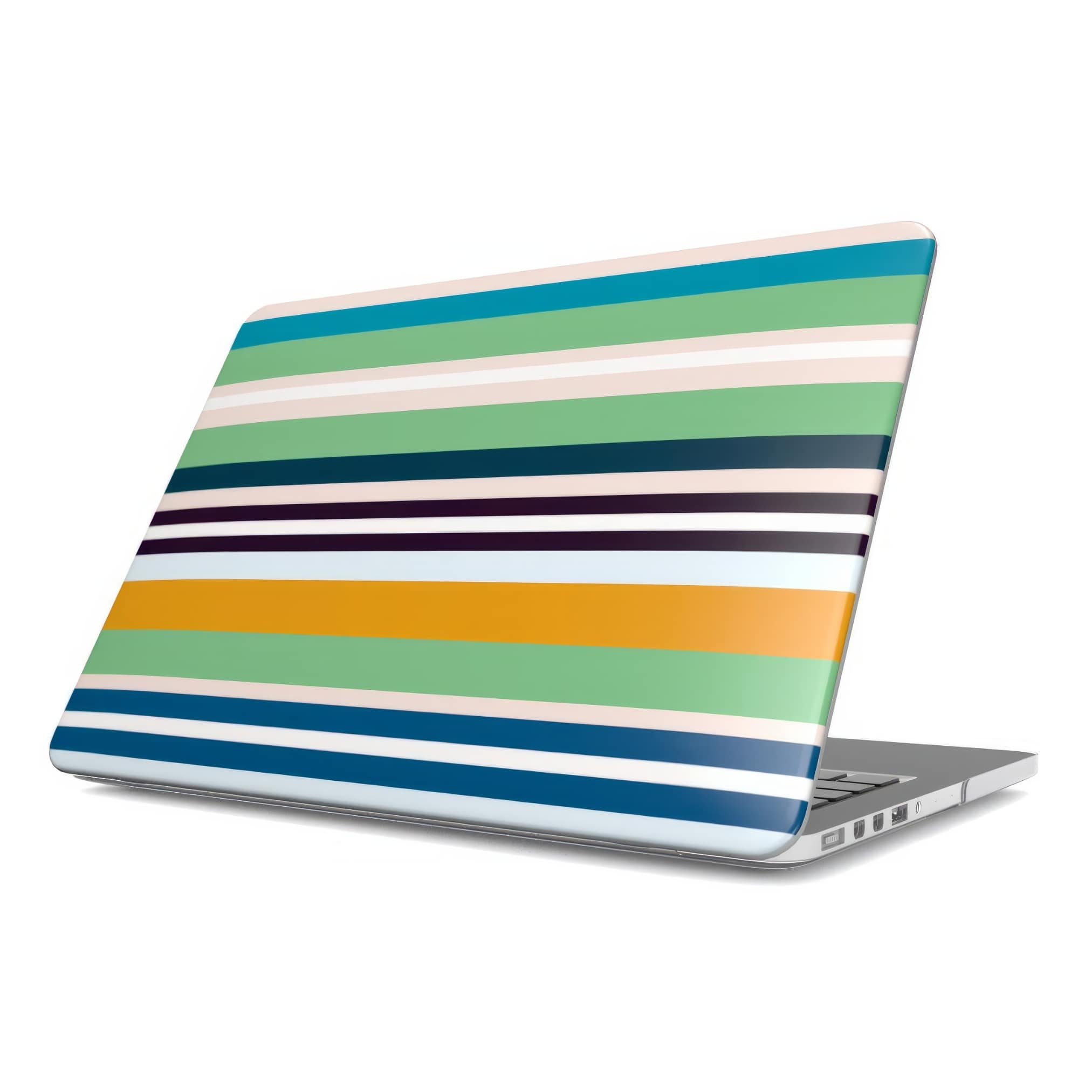 MacBook case Parallel Flow 1 pattern with tiny color stripes, featuring an elegant and expressive aesthetic design. Main colors are minty sage, powder pink, navy blue, orange. Front view