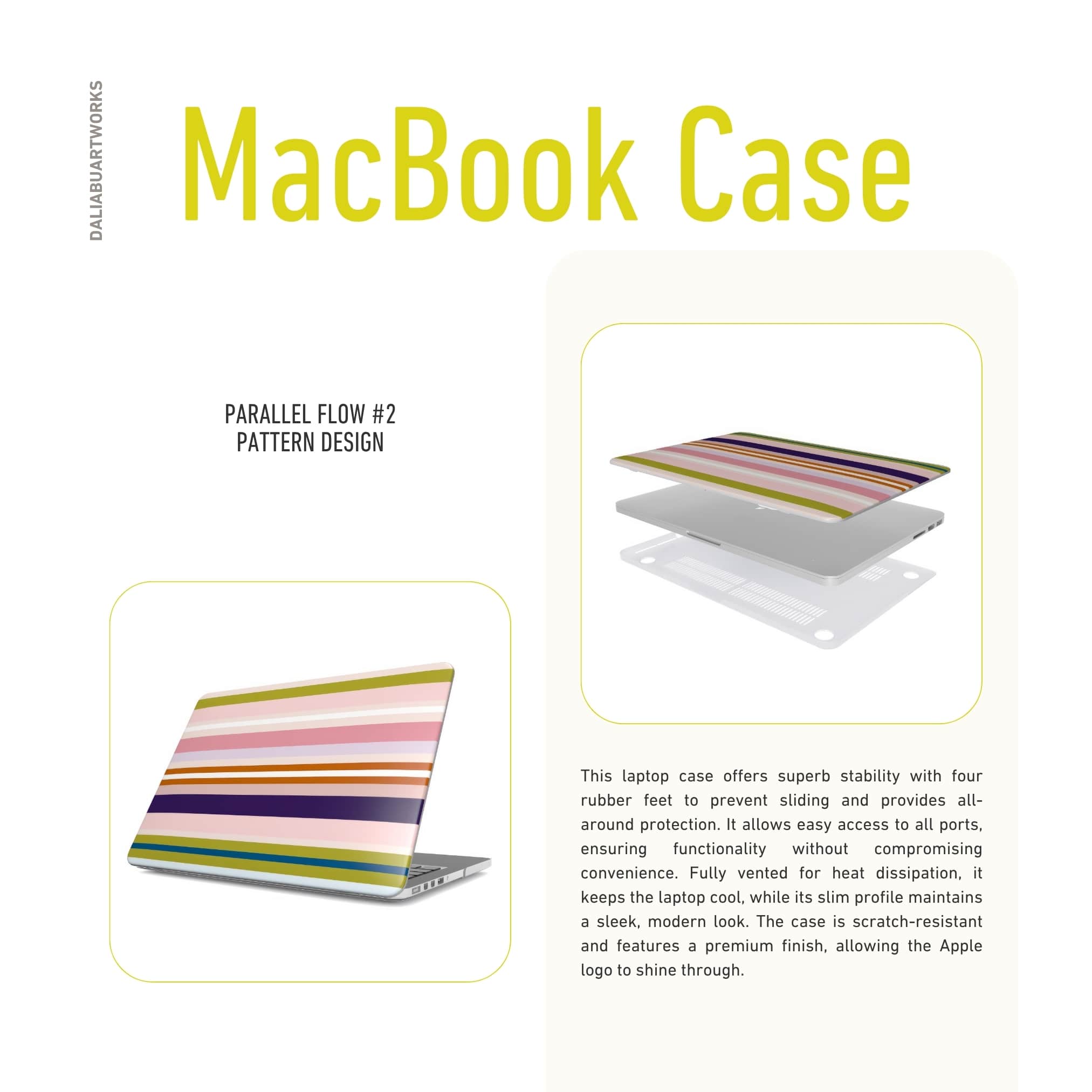 MacBook case Parallel Flow Pink pattern with tiny color stripes, featuring an elegant and expressive aesthetic design. Main colors are pink, lilac and purple. Description about benefits.