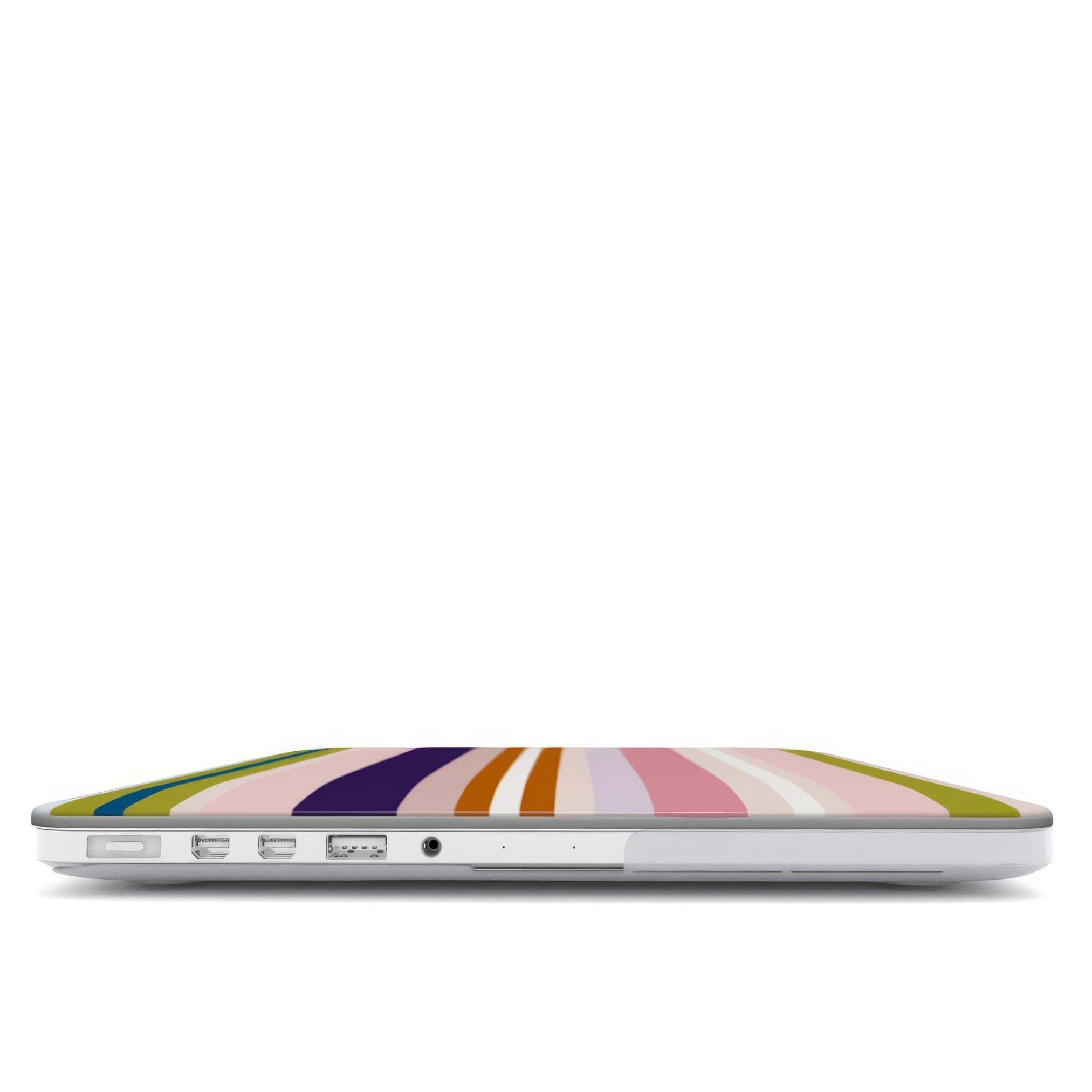 MacBook case Parallel Flow Pink pattern with tiny color stripes, featuring an elegant and expressive aesthetic design. Main colors are pink, lilac and purple. Closed view.