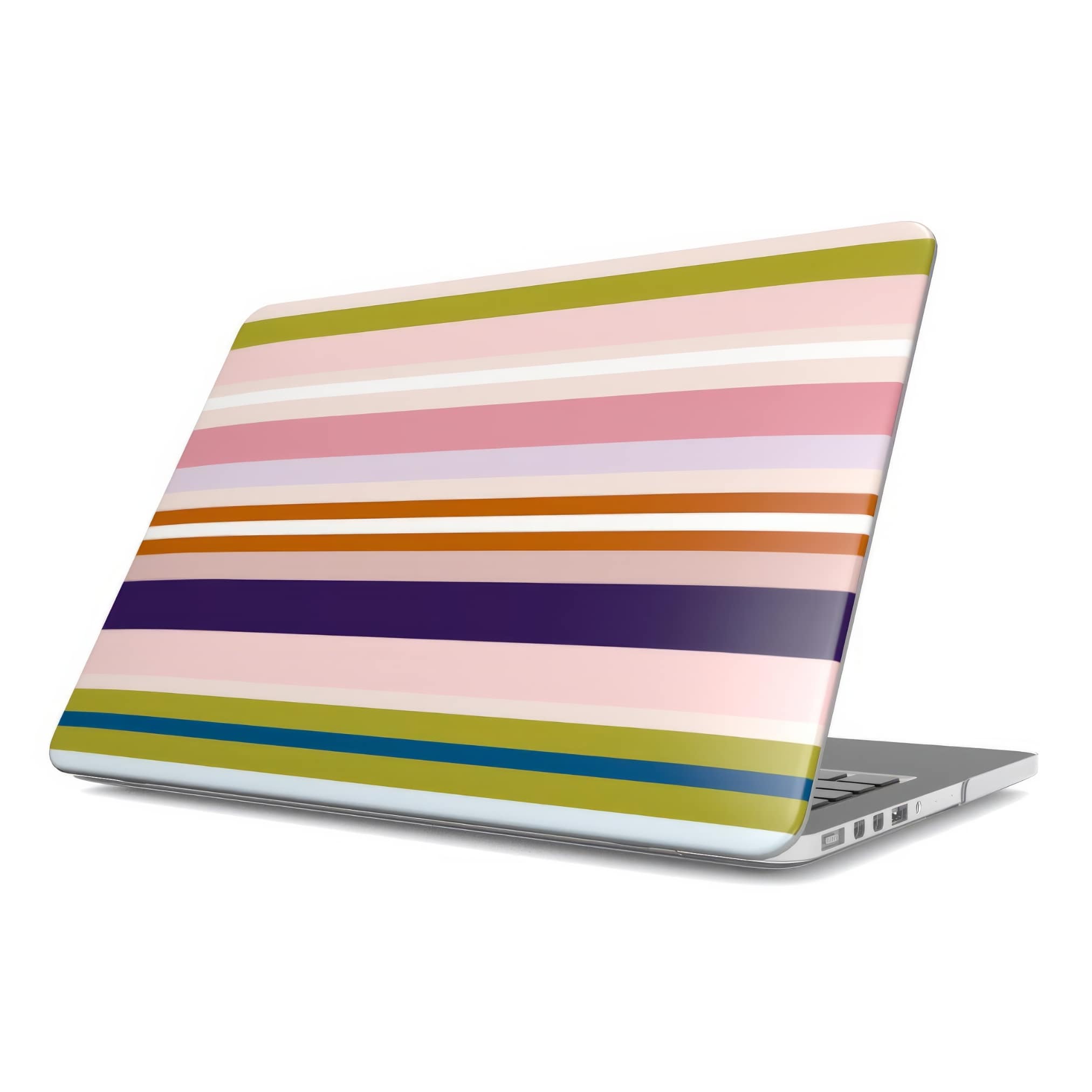 MacBook case Parallel Flow Pink pattern with tiny color stripes, featuring an elegant and expressive aesthetic design. Main colors are pink, lilac and purple. Side view.