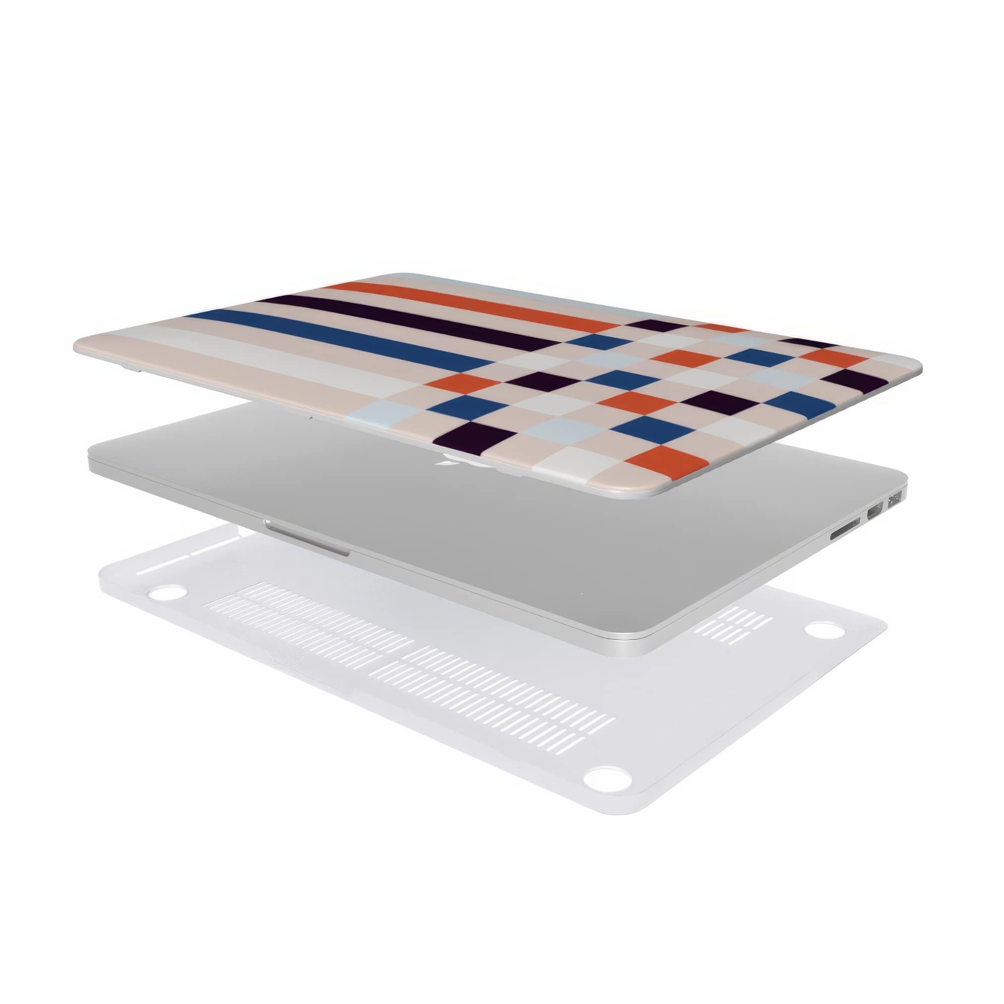 MacBook case Pixel Grid Blue pattern design with a bold color blocks in pixel and stripes modern style, featuring an elegant and expressive aesthetic design. Main colors are pink, navy, orange red and light sky blue. Extend view.