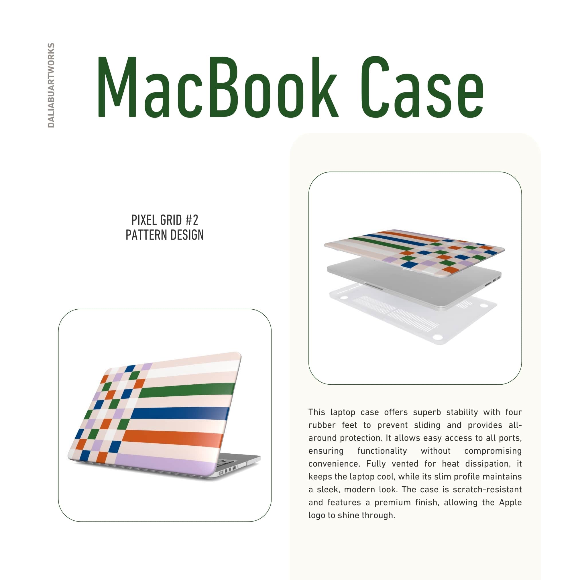 MacBook case Pixel Grid Multi pattern design with a bold color blocks in pixel and stripes modern style, featuring an elegant and expressive aesthetic design. Main colors are rich orange, blue, lilac and green. Details about laptop cover ventilation features.