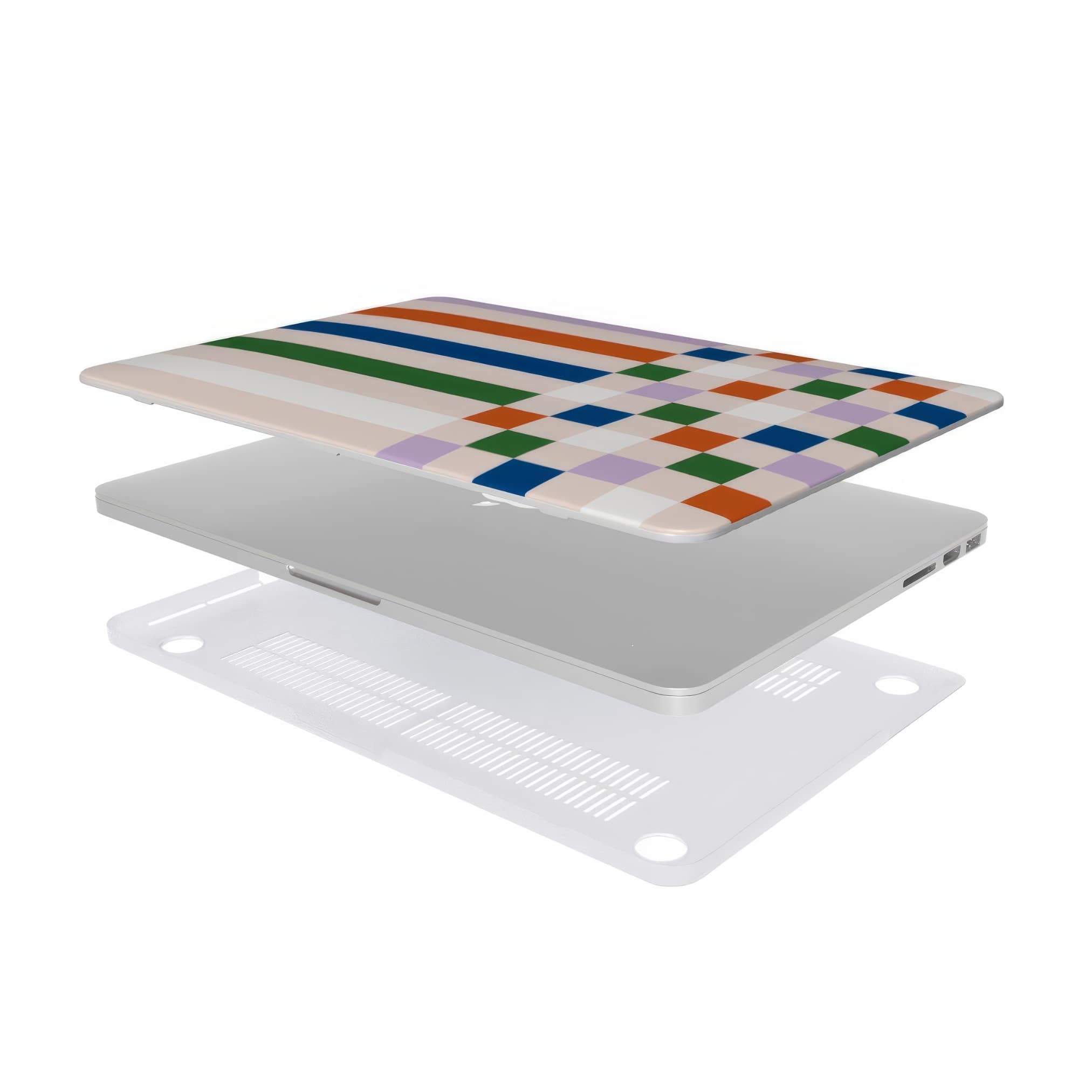 MacBook case Pixel Grid Multi pattern design with a bold color blocks in pixel and stripes modern style, featuring an elegant and expressive aesthetic design. Main colors are rich orange, blue, lilac and green. Extend view.