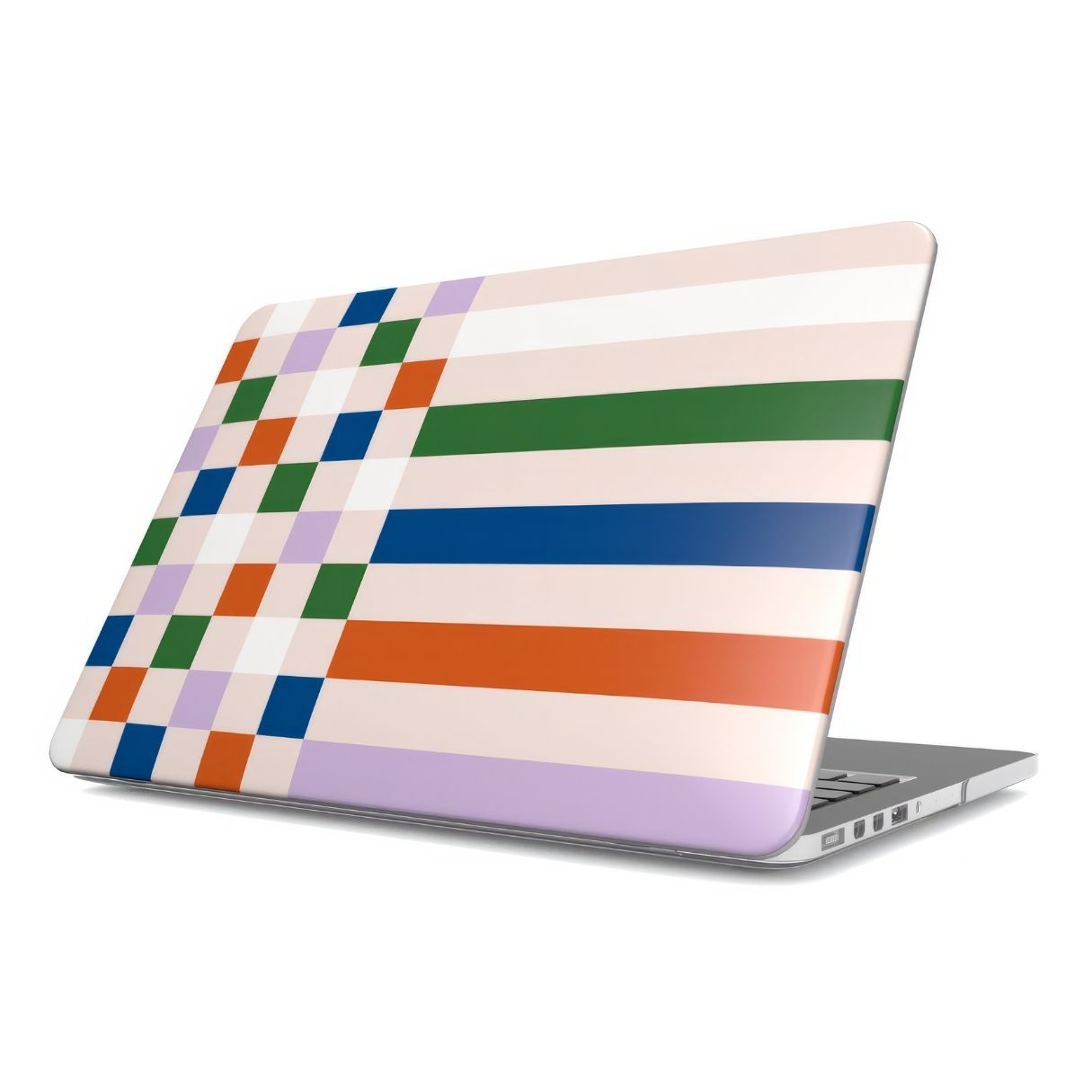 MacBook case Pixel Grid Multi pattern design with a bold color blocks in pixel and stripes modern style, featuring an elegant and expressive aesthetic design. Main colors are rich orange, blue, lilac and green. Front view.