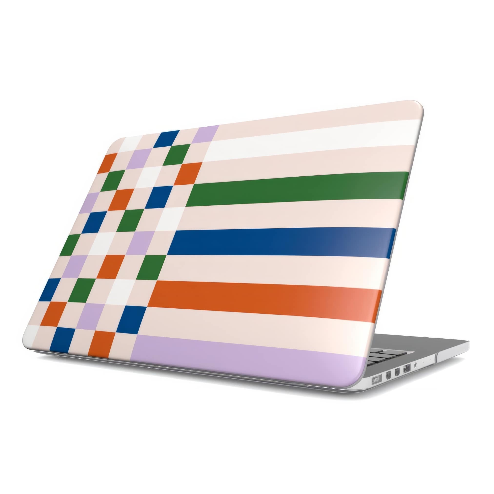 MacBook case Pixel Grid Multi pattern design with a bold color blocks in pixel and stripes modern style, featuring an elegant and expressive aesthetic design. Main colors are rich orange, blue, lilac and green. Front view.