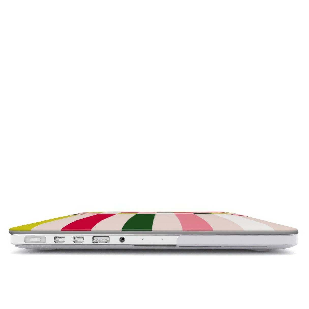 MacBook case Pixel Grid Pink pattern design with a bold color blocks in pixel and stripes modern style, featuring an elegant and expressive aesthetic design. Main colors are rich red, pink yellow and green. Closed view.