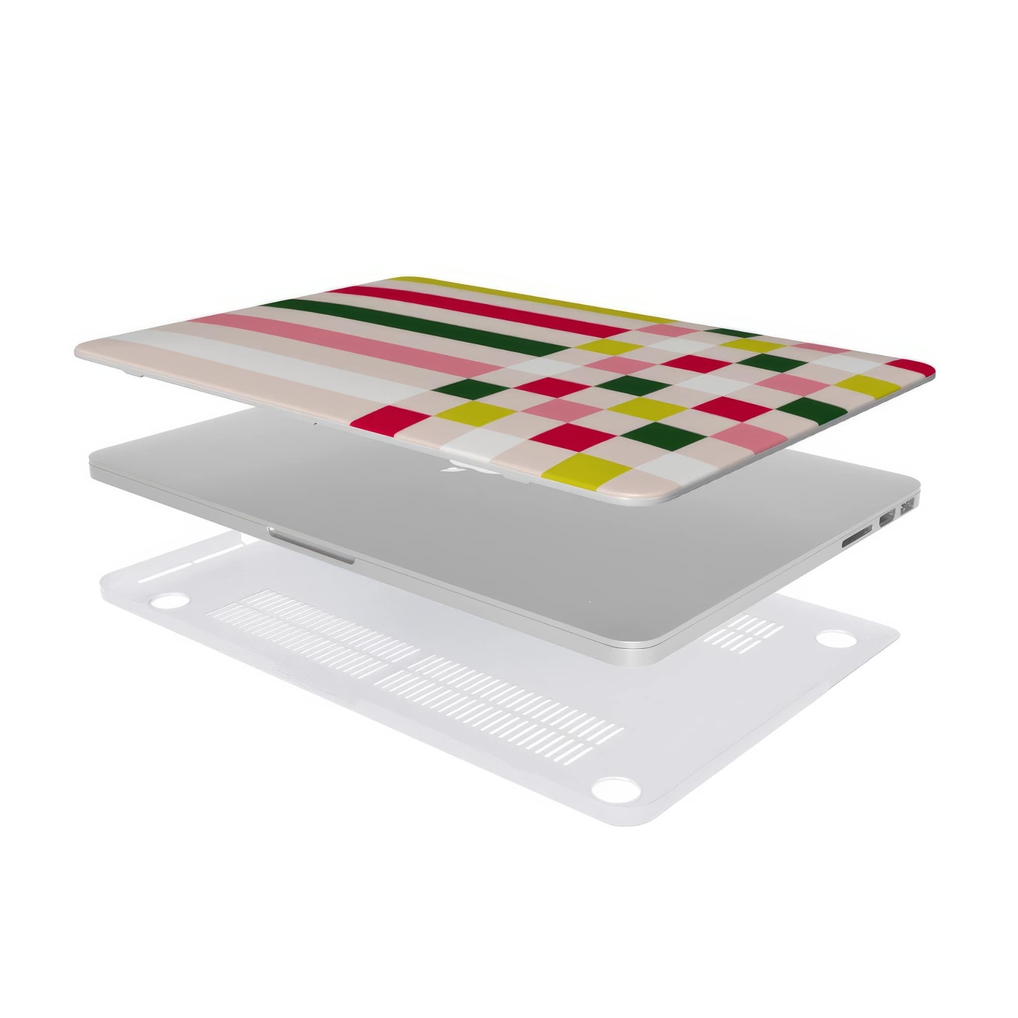 MacBook case Pixel Grid PInk pattern design with a bold color blocks in pixel and stripes modern style, featuring an elegant and expressive aesthetic design. Main colors are rich red, pink yellow and green. Extend view.