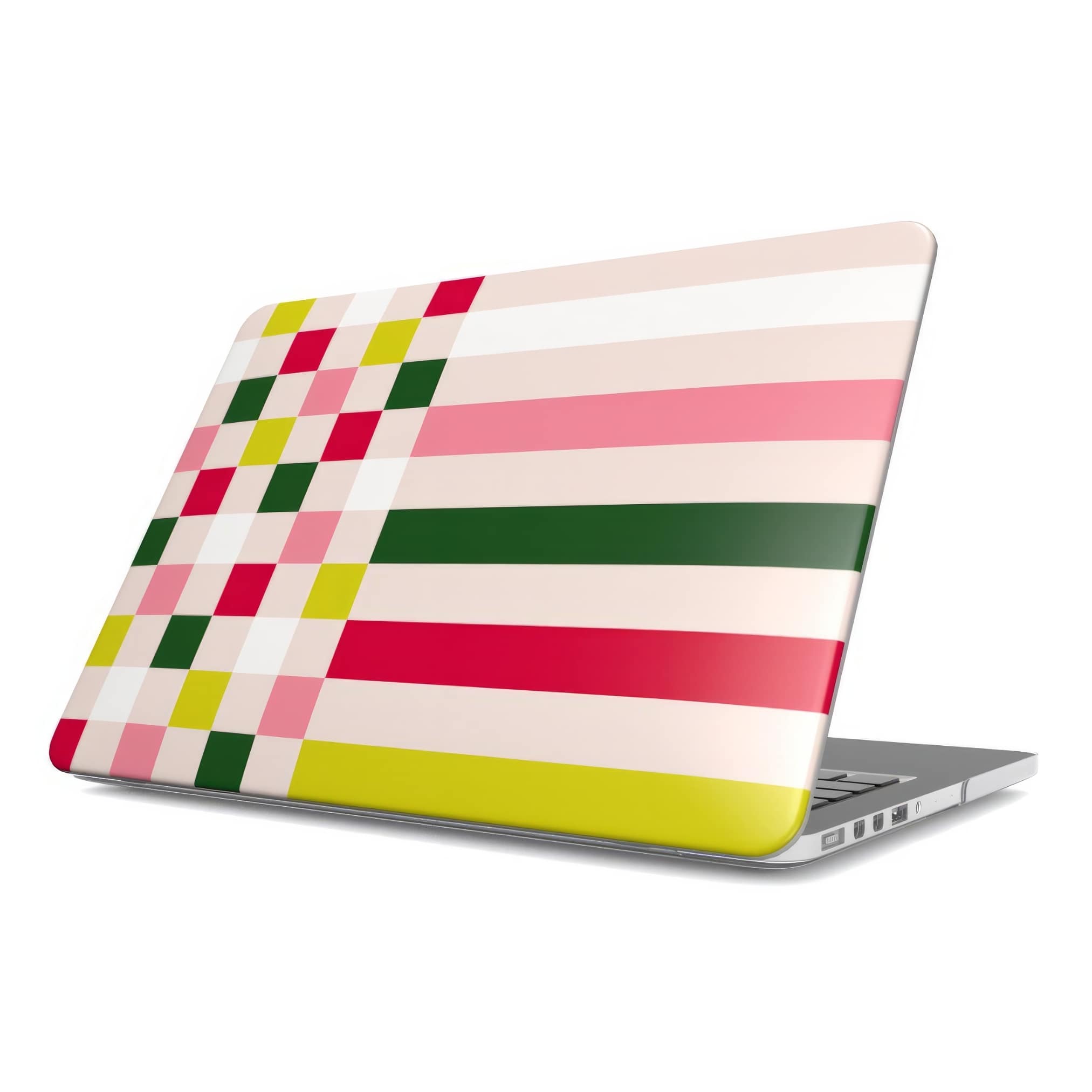 MacBook case Pixel Grid Pink pattern design with a bold color blocks in pixel and stripes modern style, featuring an elegant and expressive aesthetic design. Main colors are rich red, pink yellow and green. Front view.