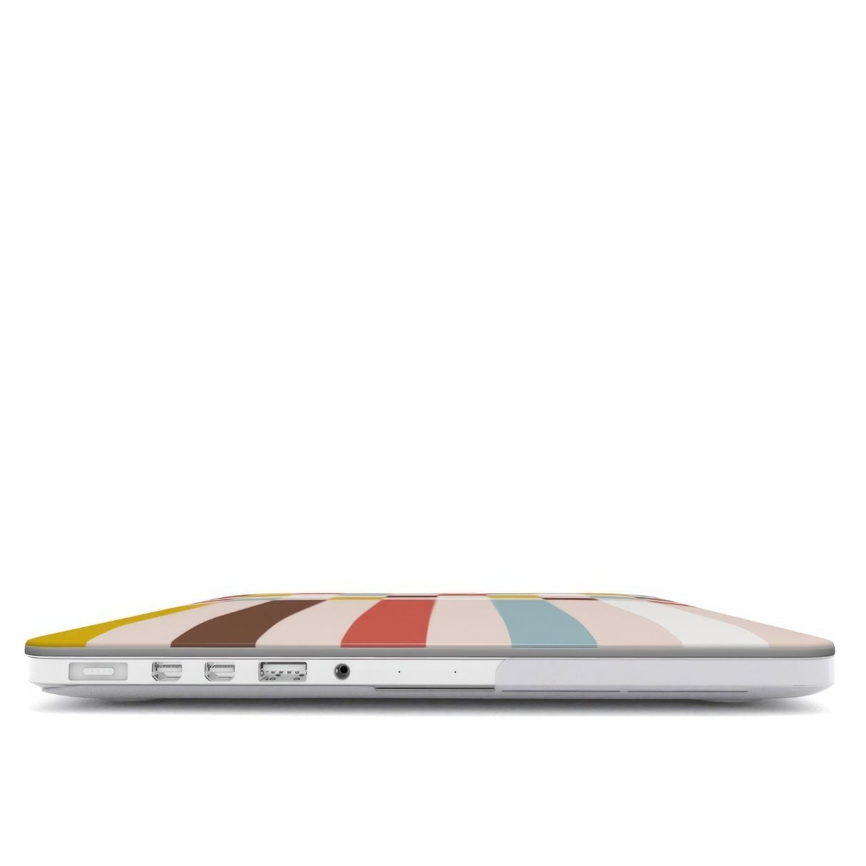 MacBook case Pixel Grid Vintage pattern design with a bold color blocks in pixel and stripes modern style, featuring an elegant and expressive aesthetic design. Main colors are pastel with pink, brown, muted red and light sky blue. Closed view.