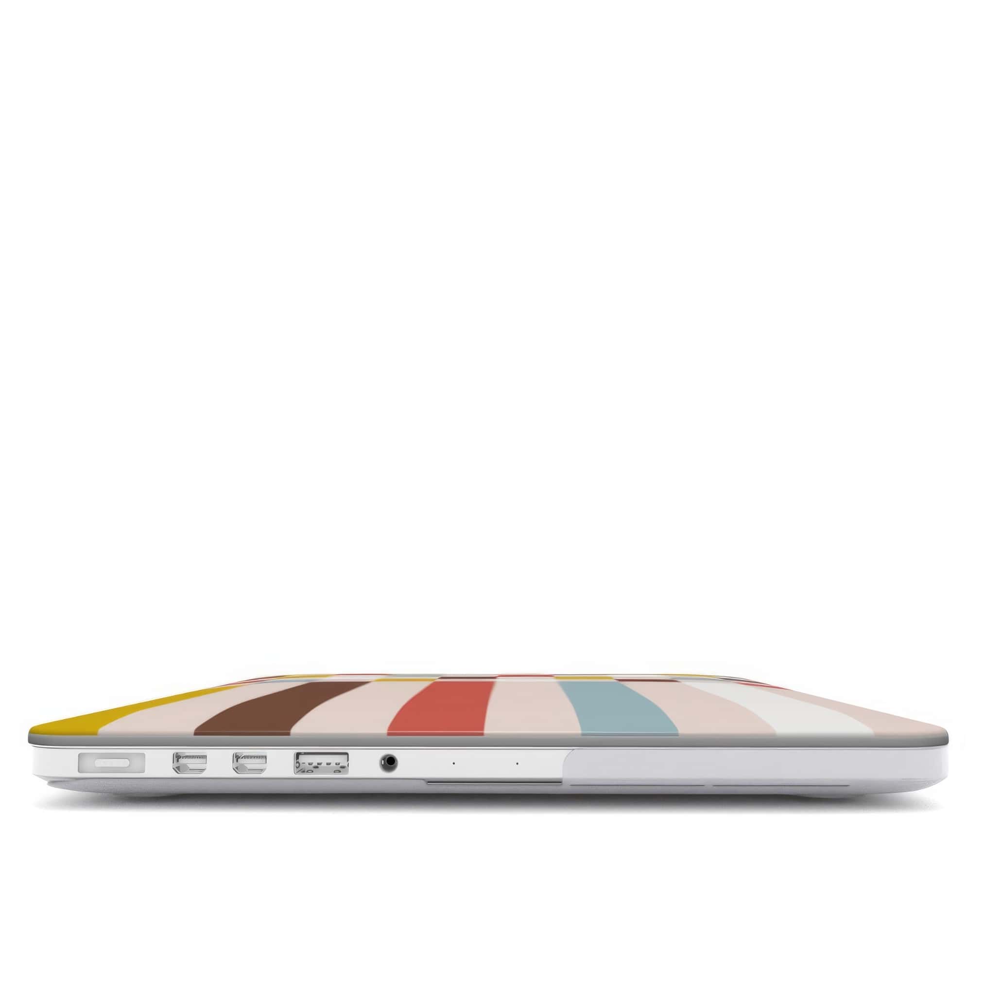 MacBook case Pixel Grid Vintage pattern design with a bold color blocks in pixel and stripes modern style, featuring an elegant and expressive aesthetic design. Main colors are pastel with pink, brown, muted red and light sky blue. Closed view.