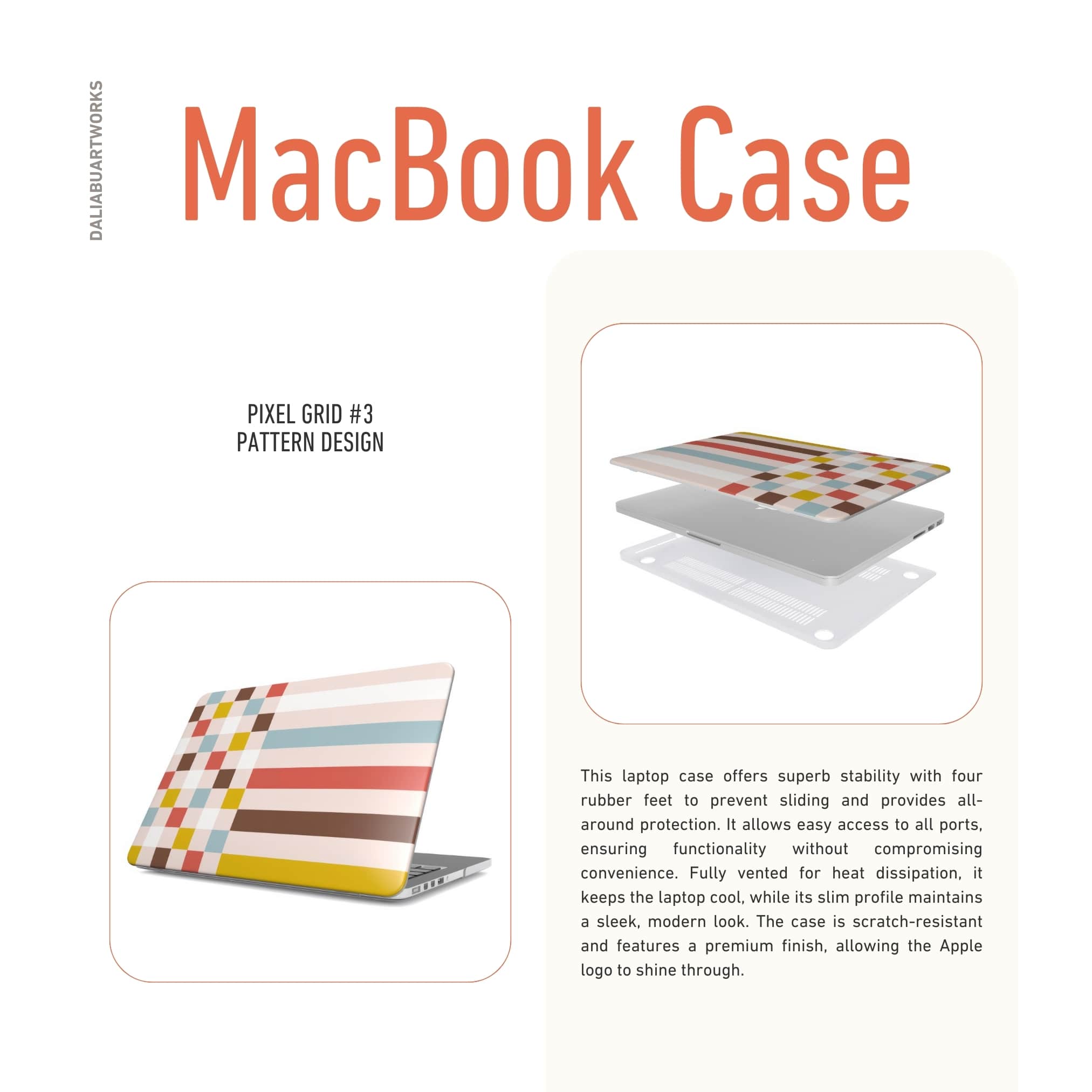 MacBook case Pixel Grid Vintage pattern design with a bold color blocks in pixel and stripes modern style, featuring an elegant and expressive aesthetic design. Main colors are pastel with pink, brown, muted red and light sky blue. Laptop cover ventilation features.