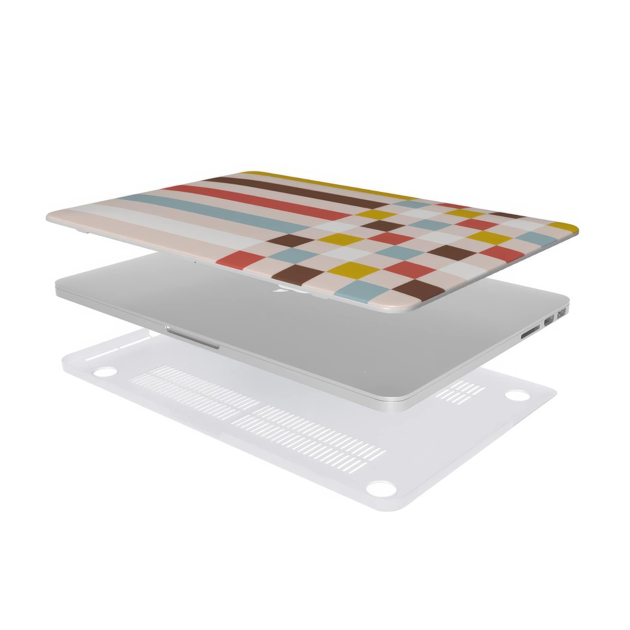 MacBook case Pixel Grid Vintage pattern design with a bold color blocks in pixel and stripes modern style, featuring an elegant and expressive aesthetic design. Main colors are pastel with pink, brown, muted red and light sky blue. Extend view.