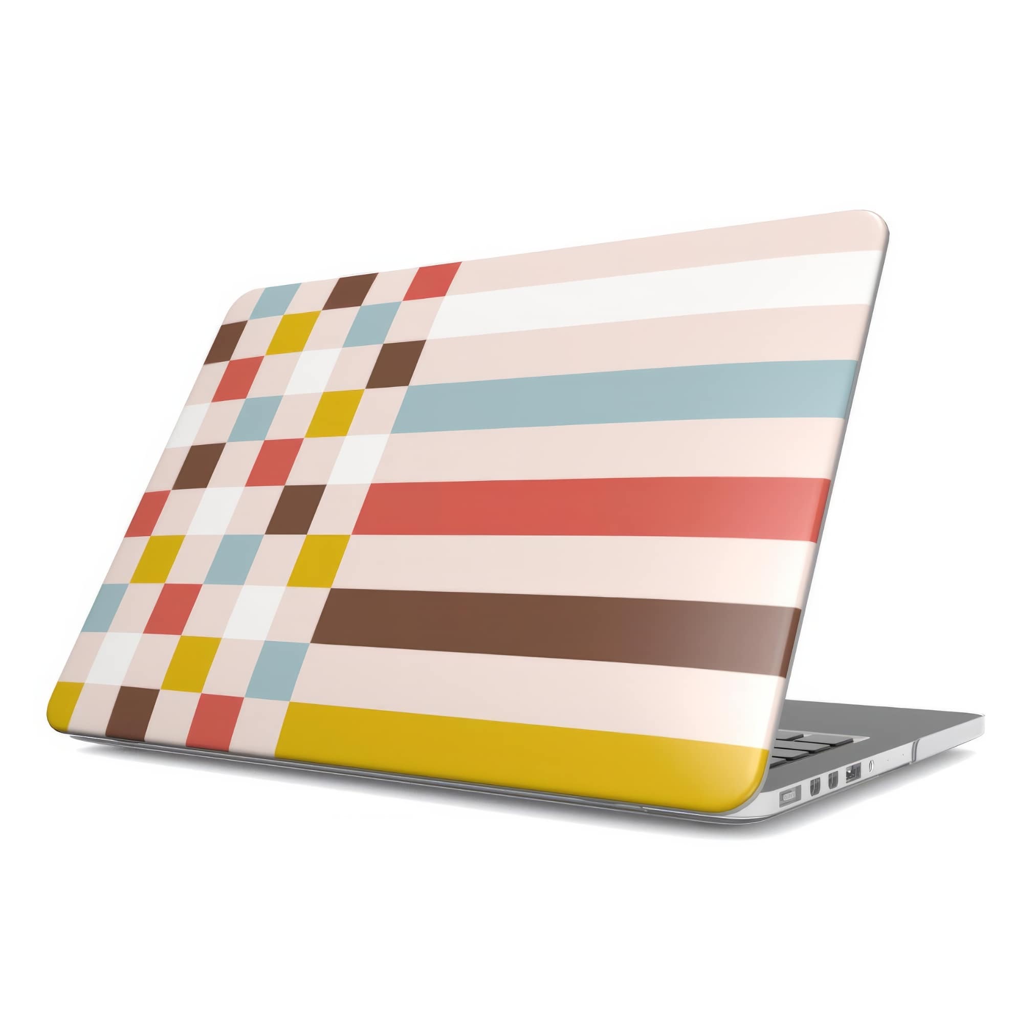 MacBook case Pixel Grid Vintage pattern design with a bold color blocks in pixel and stripes modern style, featuring an elegant and expressive aesthetic design. Main colors are pastel with pink, brown, muted red and light sky blue. Side view.