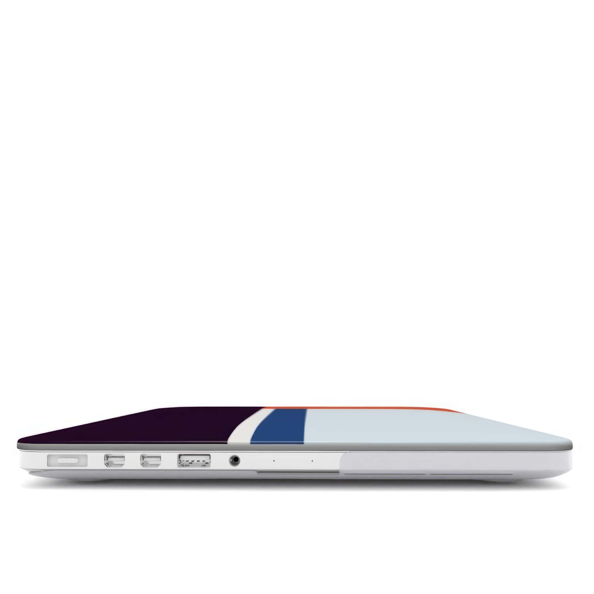 MacBook case Retro Stripes Blue pattern design with a bold color blocks in vintage, mid century modern style, featuring an elegant and expressive aesthetic design. Main colors are deep purple, navy, light blue and orange red. Closed view.