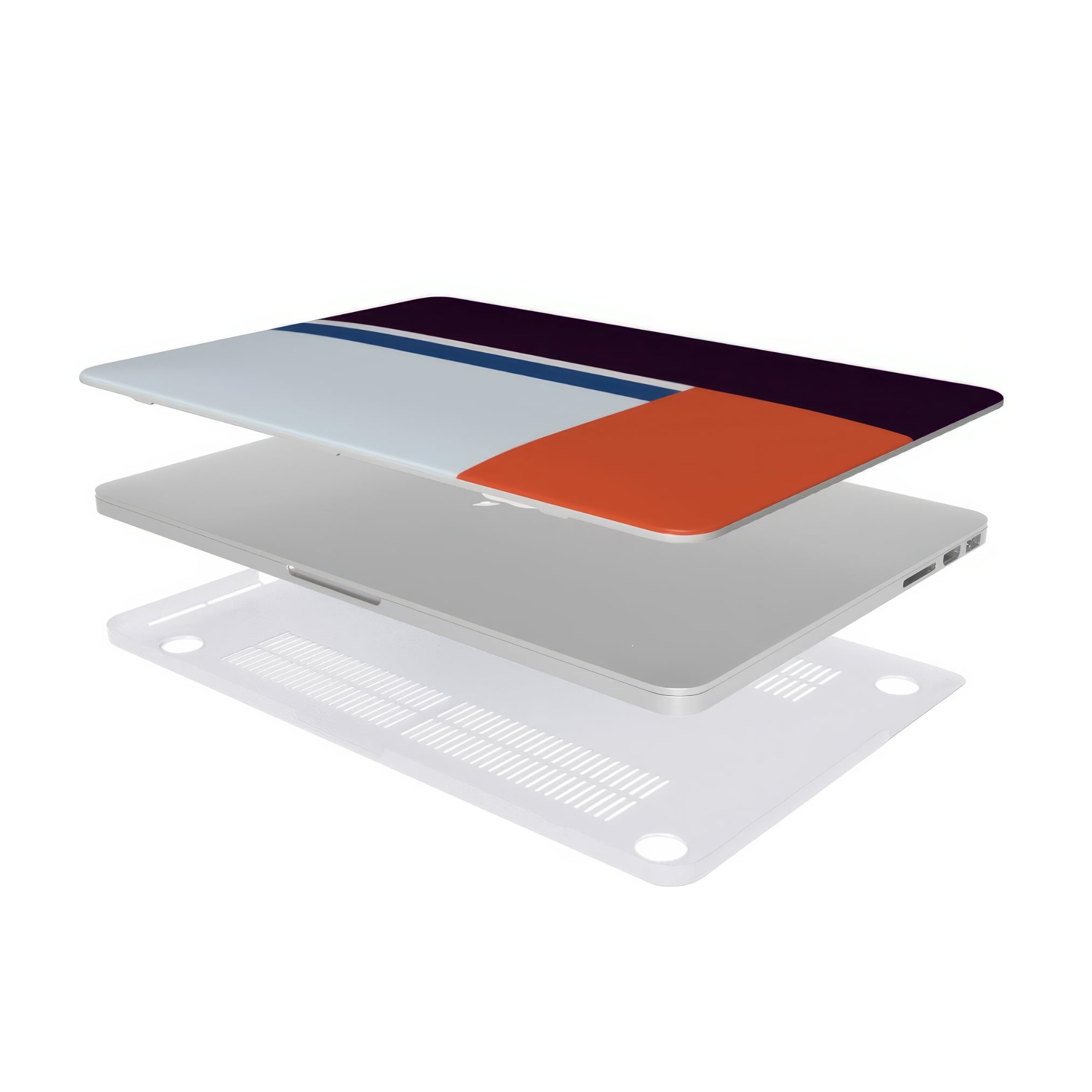 MacBook case Retro Stripes Blue pattern design with a bold color blocks in vintage, mid century modern style, featuring an elegant and expressive aesthetic design. Main colors are deep purple, navy, light blue and orange red. Extend view.