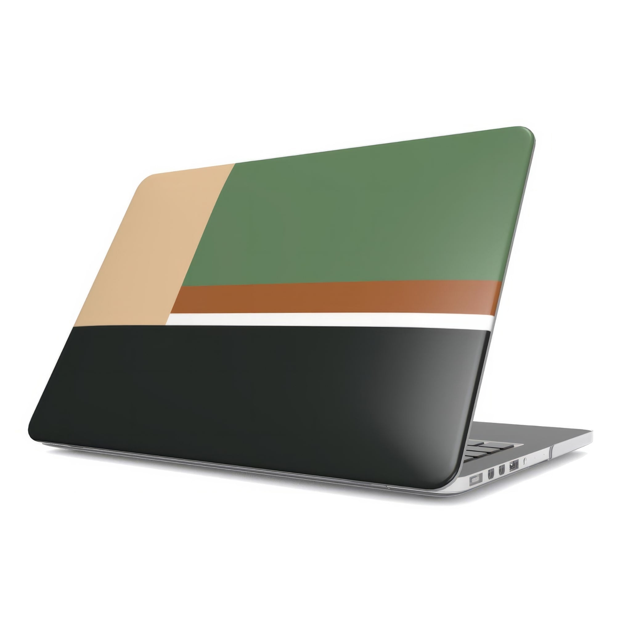 MacBook case Retro Stripes Khaki pattern design with a bold color blocks in vintage, mid century modern style, featuring an elegant and expressive aesthetic design. Main colors are khaki, dark green, brown and cappuccino. Front view.