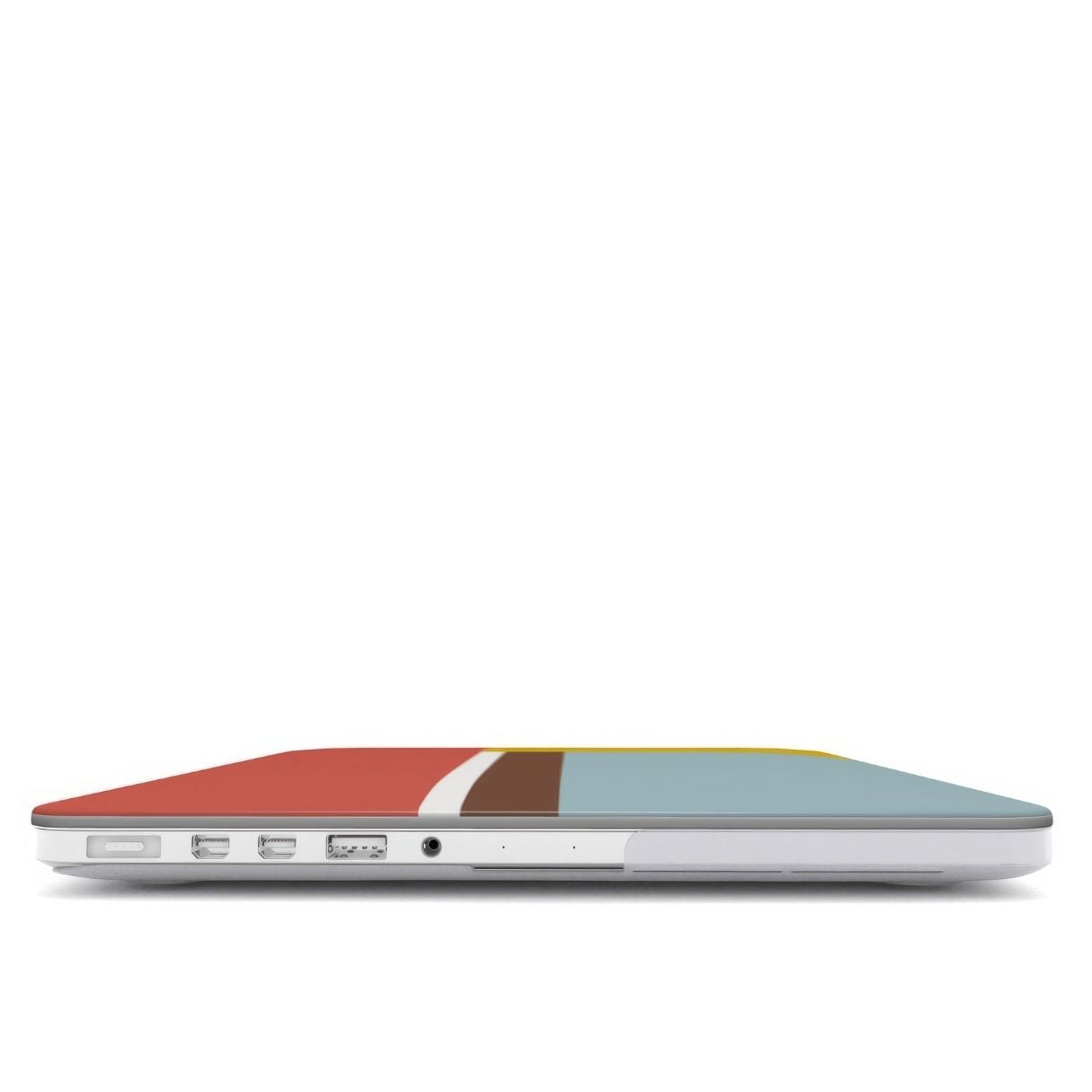 MacBook case Retro Stripes Red pattern design with a bold color blocks in vintage, mid century modern style, featuring an elegant and expressive aesthetic design. Main colors are yellow, muted red and light blue. Closed view.