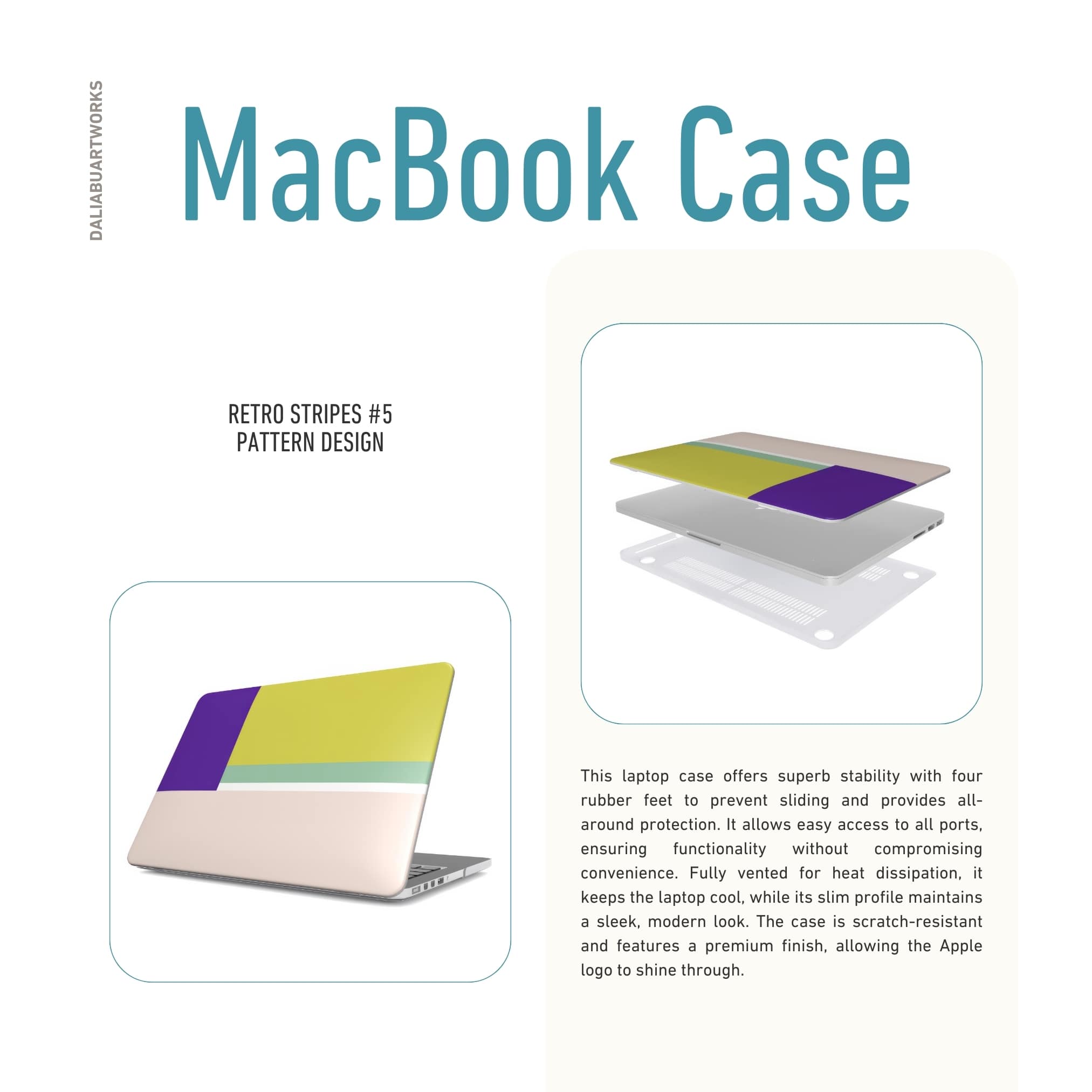 MacBook case Retro Stripes Yellow pattern design with a bold color blocks in vintage, mid century modern style, featuring an elegant and expressive aesthetic design. Main colors are mustard yellow, purple and light pink. Front view and laptop cover ventilation features.