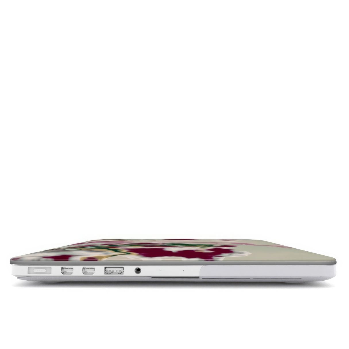 MacBook case with Sandscape Dream Burgundy pattern in artistic, abstract shape. Beige, green and bordeaux color combination. Bold expressive aesthetic design. Colorful and interior fit. Elegant. Closed view.