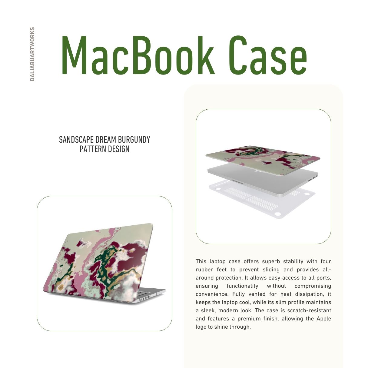 MacBook case with Sandscape Dream Burgundy pattern in artistic, abstract shape. Beige, green and bordeaux color combination. Bold expressive aesthetic design. Colorful and interior fit. Elegant. Description.