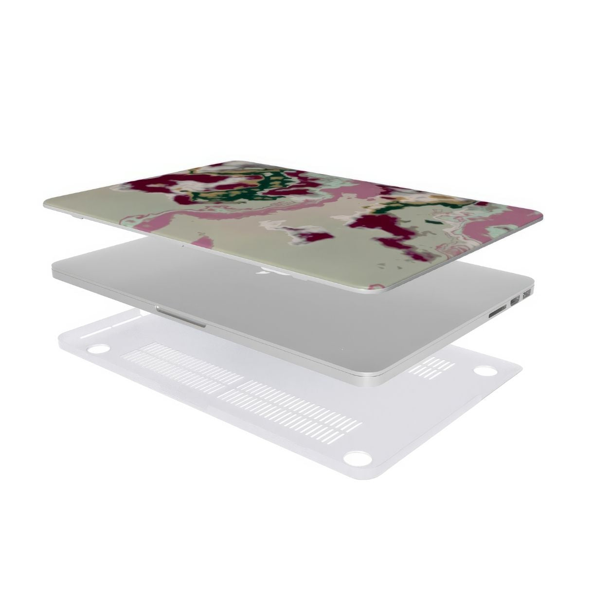 MacBook case with Sandscape Dream Burgundy pattern in artistic, abstract shape. Beige, green and bordeaux color combination. Bold expressive aesthetic design. Colorful and interior fit. Elegant. Extend view.