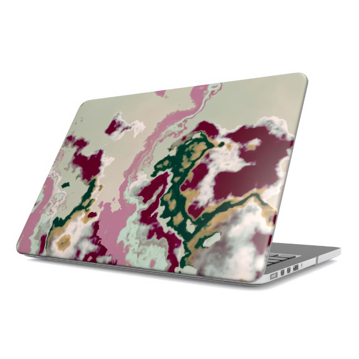 MacBook case with Sandscape Dream Burgundy pattern in artistic, abstract shape. Beige, green and bordeaux color combination. Bold expressive aesthetic design. Colorful and interior fit. Elegant. Side view.