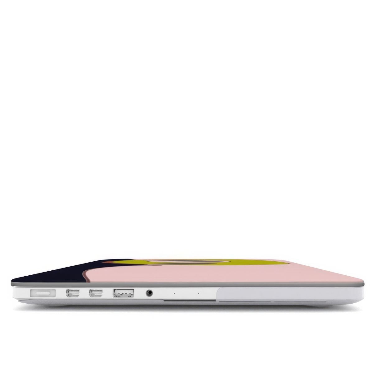 MacBook case Smile pattern design with a playful, bold expression of joy captured in abstract form, featuring an elegant and expressive aesthetic design. Main colors are pink and mustard yellow. Closed view.