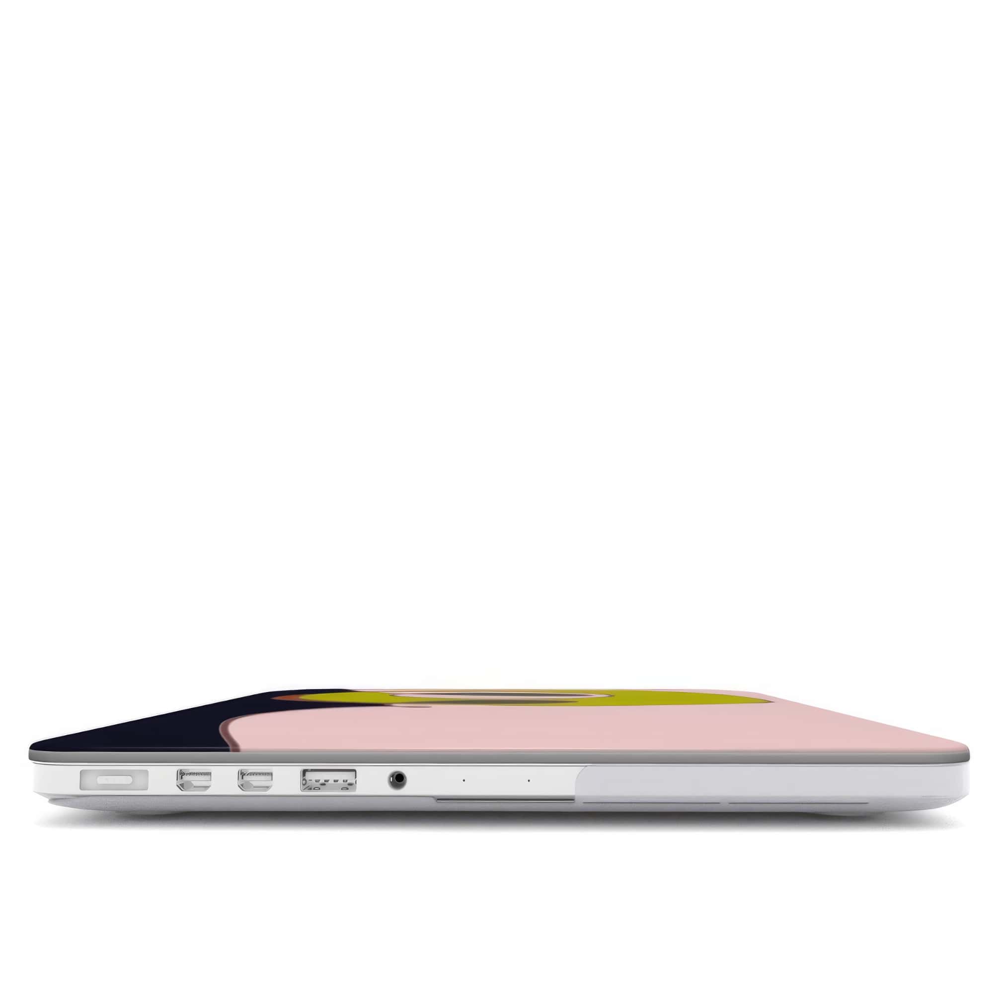 MacBook case Smile pattern design with a playful, bold expression of joy captured in abstract form, featuring an elegant and expressive aesthetic design. Main colors are pink and mustard yellow. Closed view.