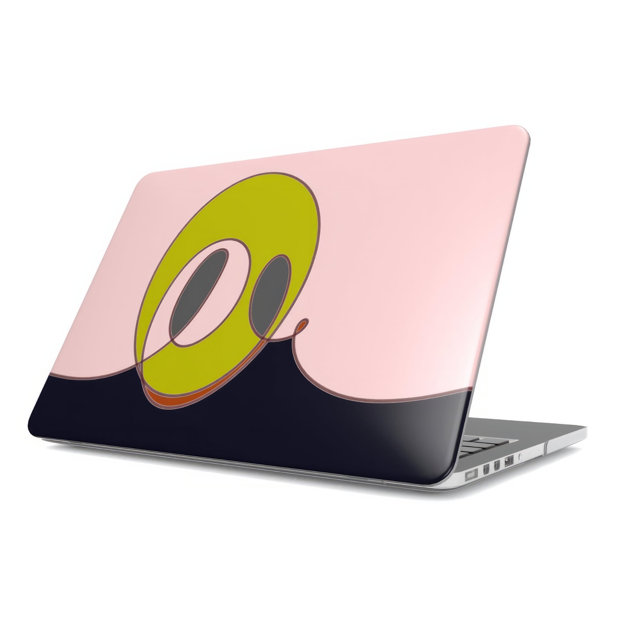 MacBook case Smile pattern design with a playful, bold expression of joy captured in abstract form, featuring an elegant and expressive aesthetic design. Main colors are pink and mustard yellow. Front view.