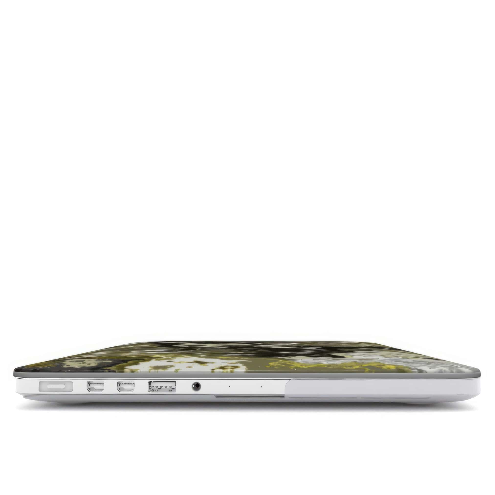 MacBook case closed view; Spring Rain 1 pattern, artistic, abstract marble pattern. Yellow, black and grey color combination.