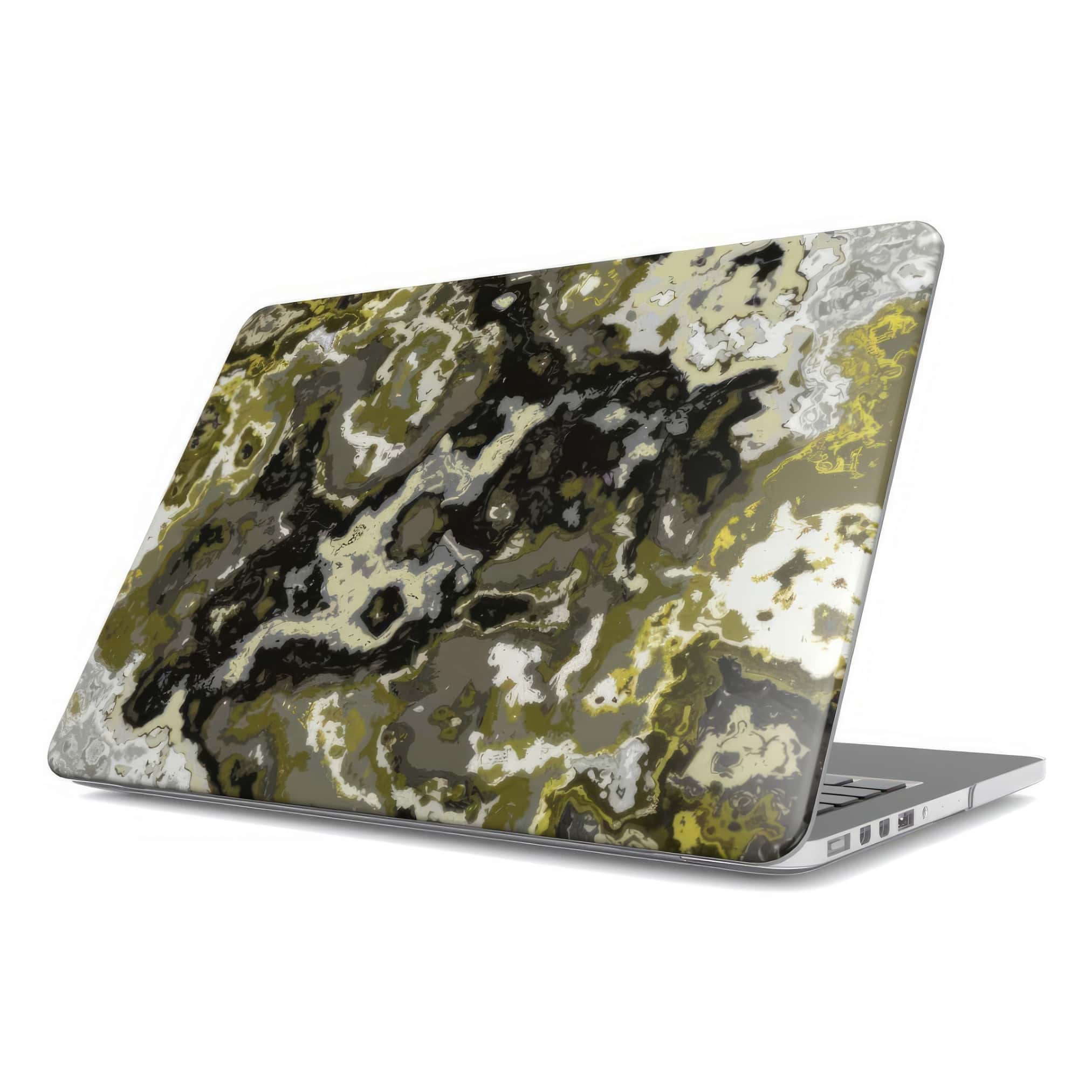 MacBook case side view; Spring Rain 1 pattern, artistic, abstract marble pattern. Yellow, black and grey color combination. Bold expressive aesthetic design. Colorful and interior fit.