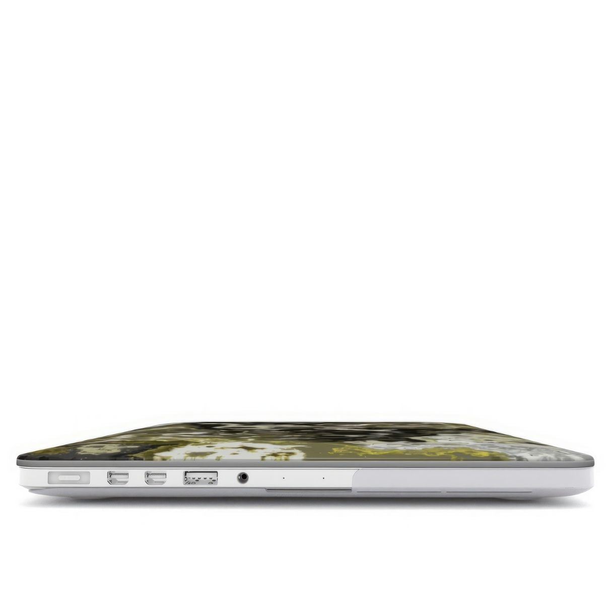 MacBook case closed view; Spring Rain pattern, artistic, abstract marble pattern. Yellow, black and grey color combination.