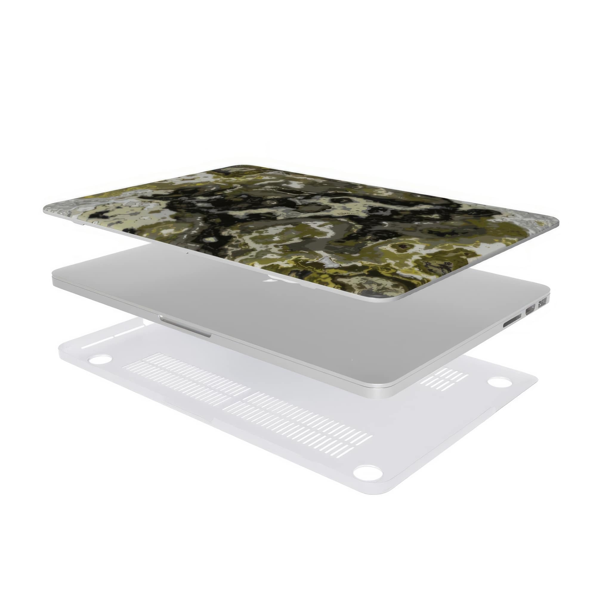 MacBook case extend view; Spring Rain pattern, artistic, abstract marble pattern. Yellow, black and grey color combination.