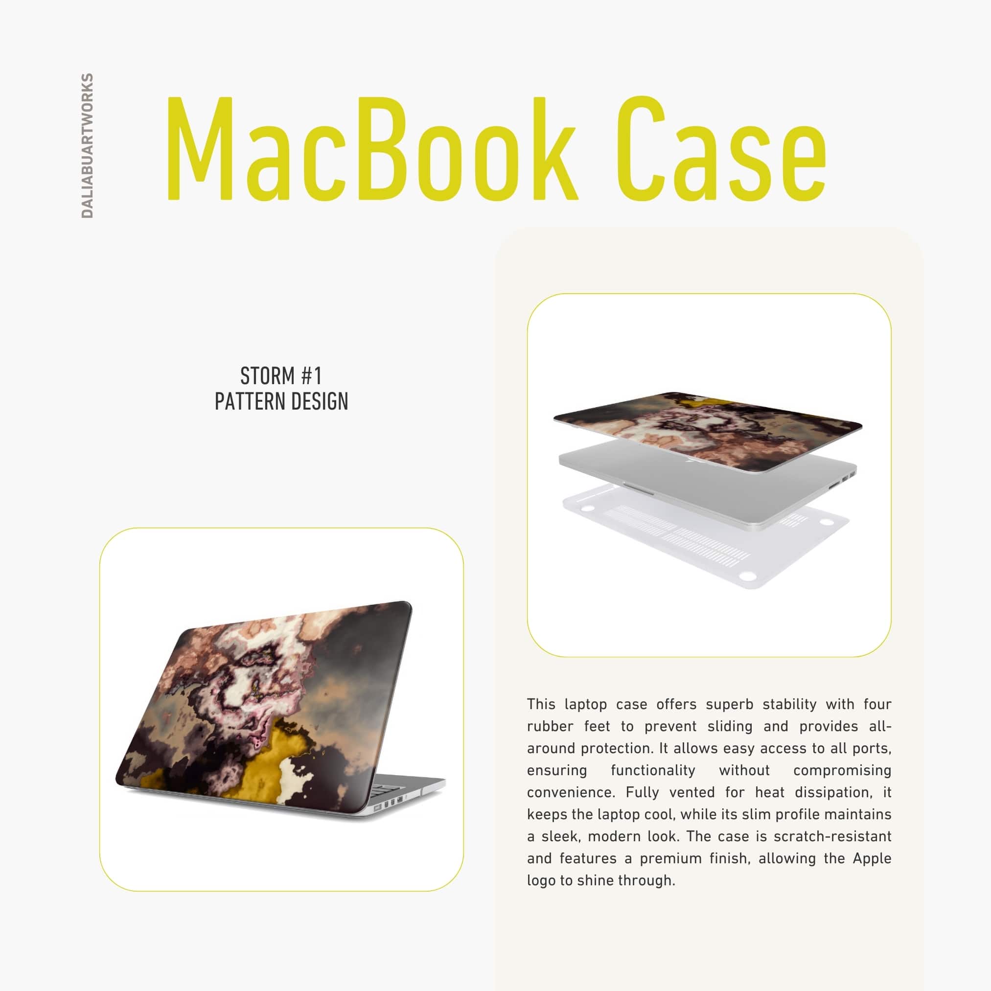 MacBook case side view; Storm pattern, artistic, abstract marble pattern. Yellow and beige color combination. 