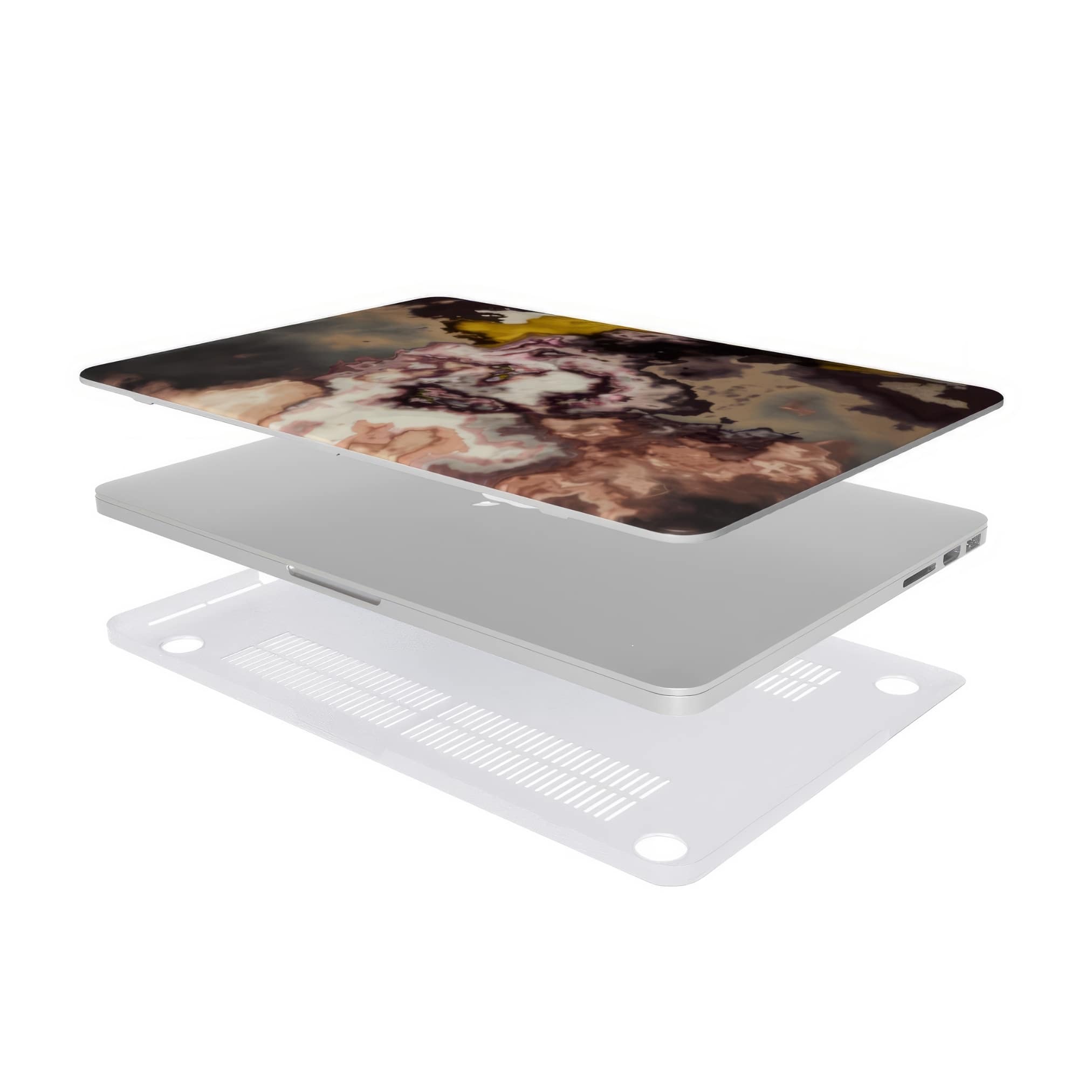 MacBook case extend view; Storm pattern, artistic, abstract marble pattern. Yellow and beige color combination. 
