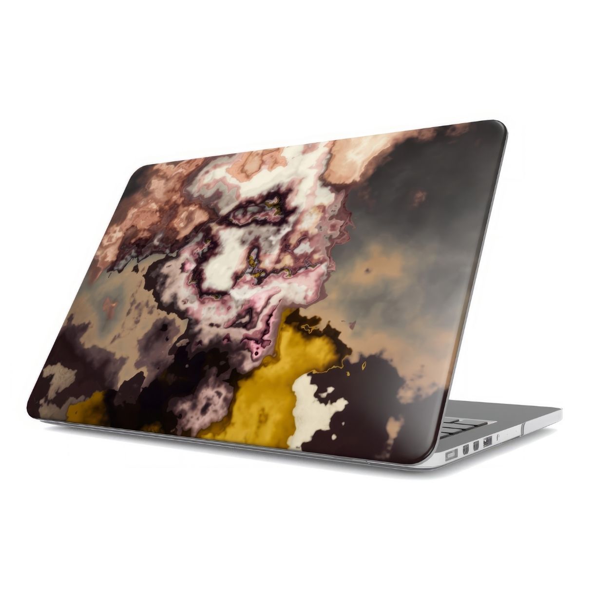 MacBook case side view; Storm pattern, artistic, abstract marble pattern. Yellow and beige color combination. Bold expressive aesthetic design. Colorful and interior fit.