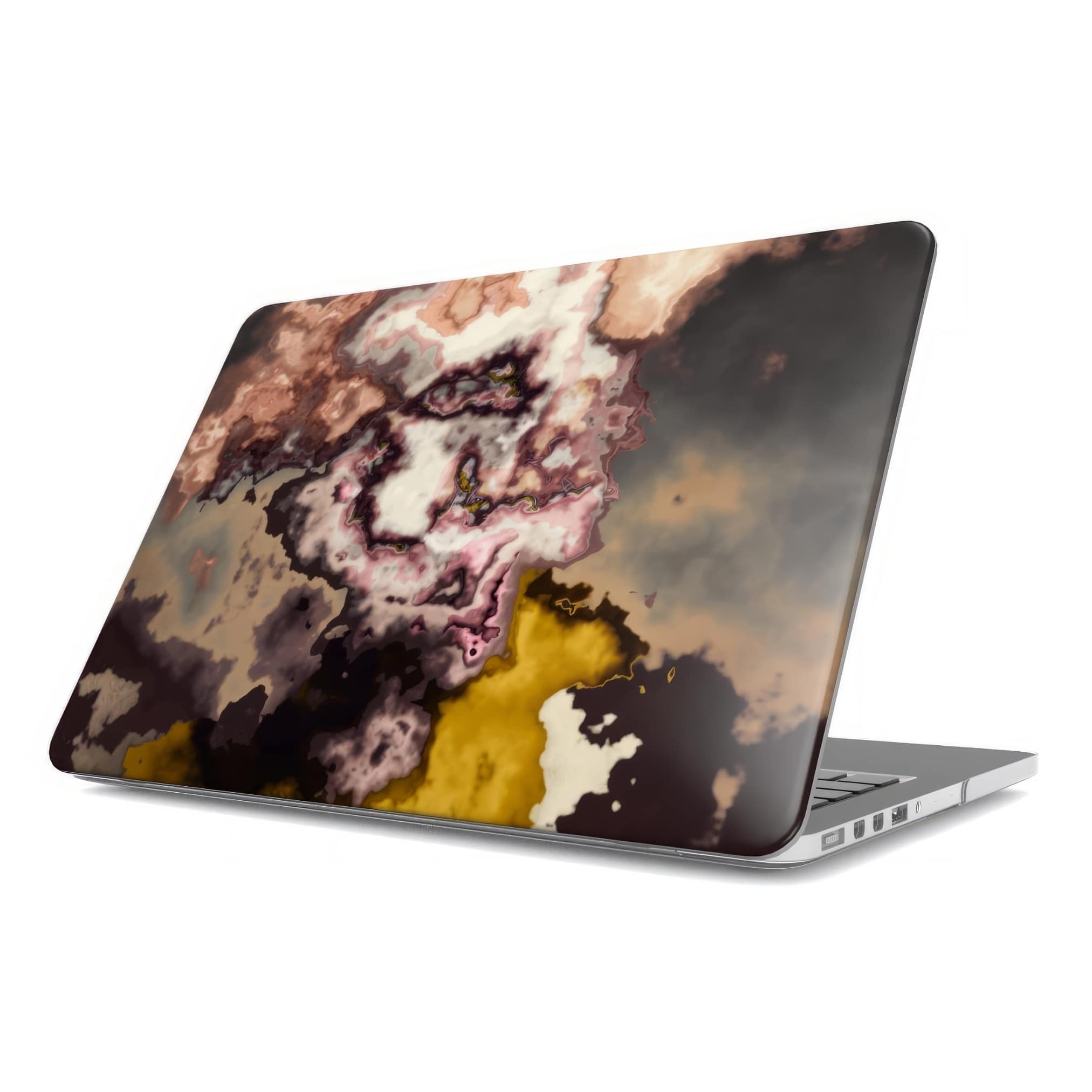 MacBook case side view; Storm pattern, artistic, abstract marble pattern. Yellow and beige color combination. Bold expressive aesthetic design. Colorful and interior fit.