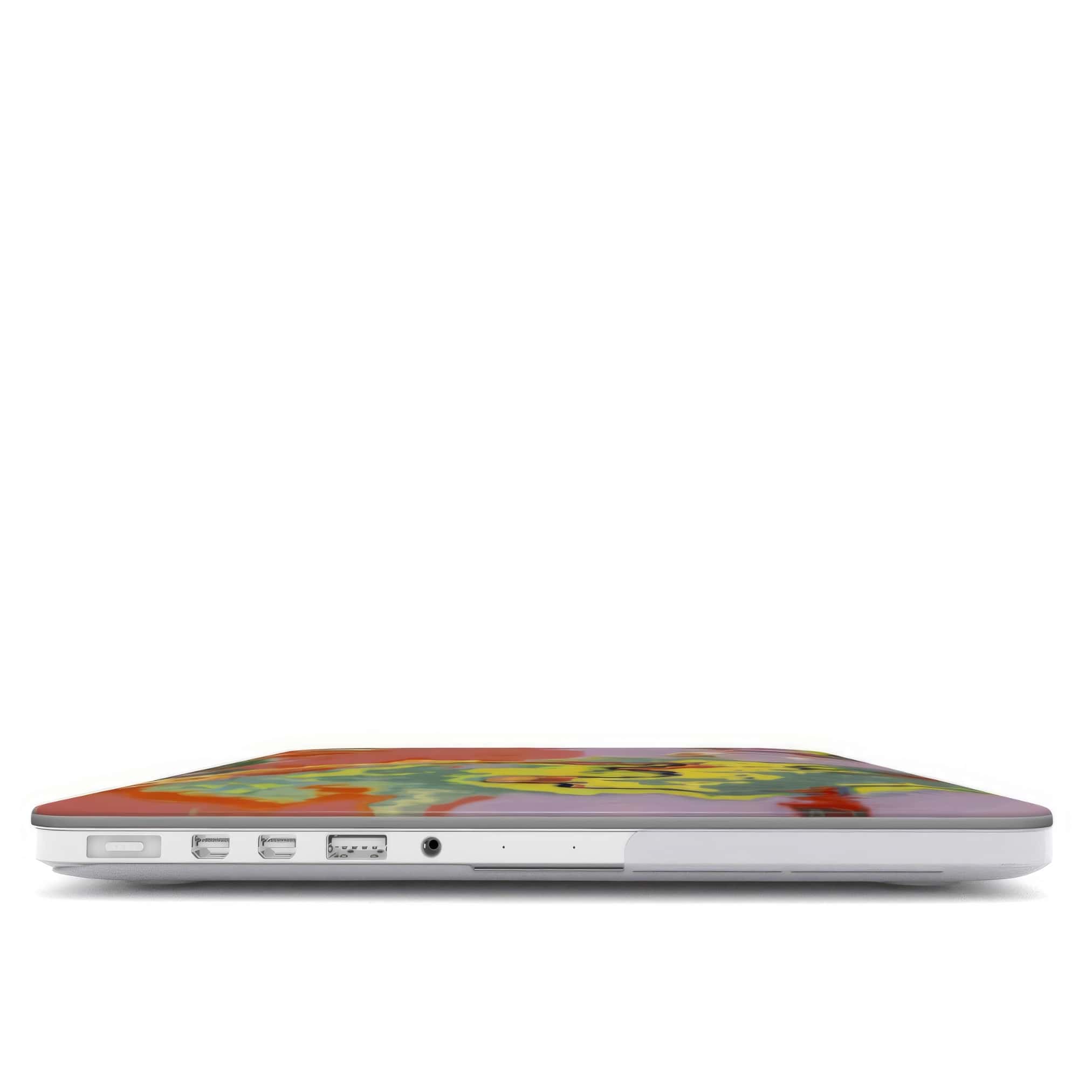 MacBook case closed view; Tropical 2 pattern, artistic, abstract marble pattern. Orange and green color combination. 