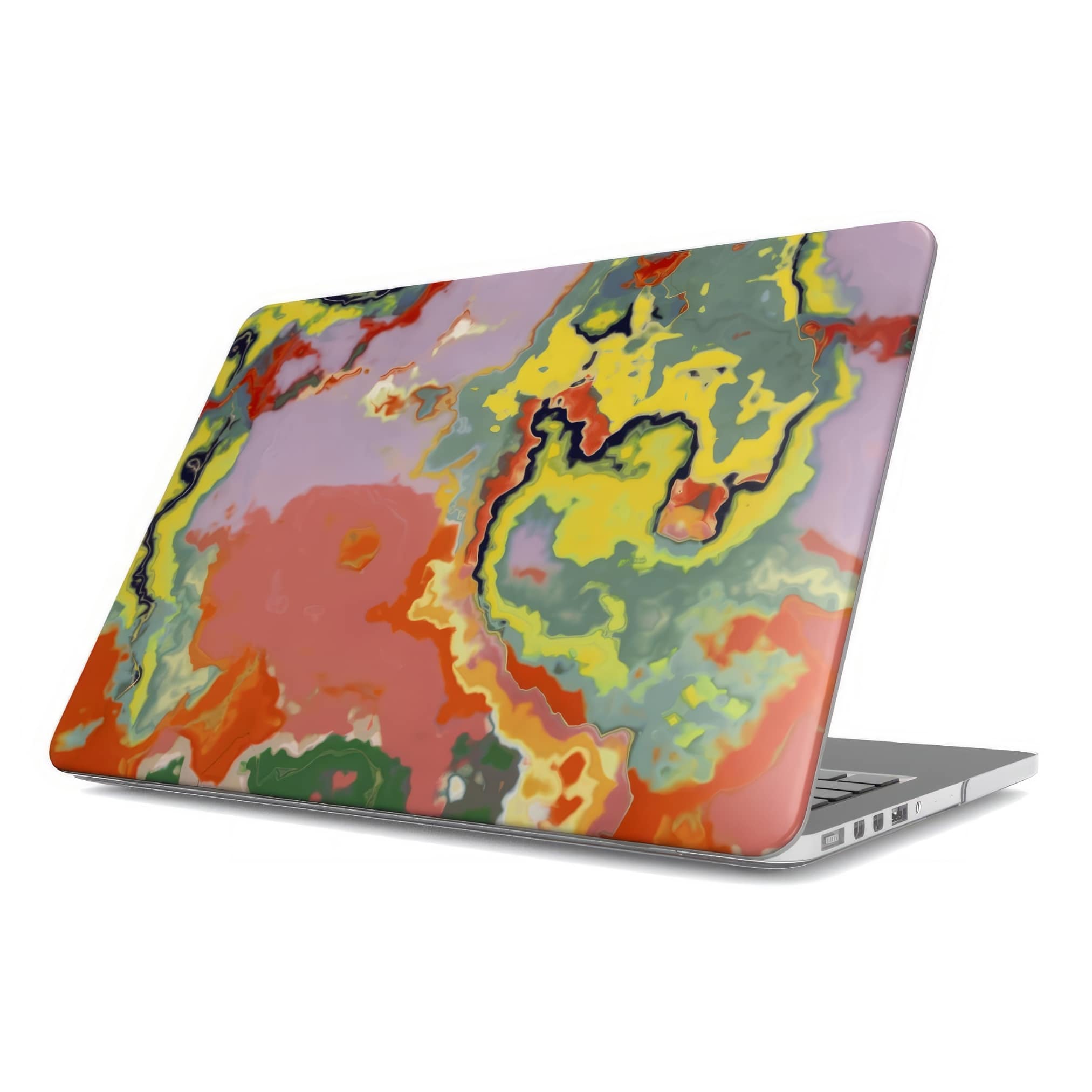 MacBook case side view; Tropical 2 pattern, artistic, abstract marble pattern. Orange and green color combination. Bold expressive aesthetic design. Colorful and interior fit.