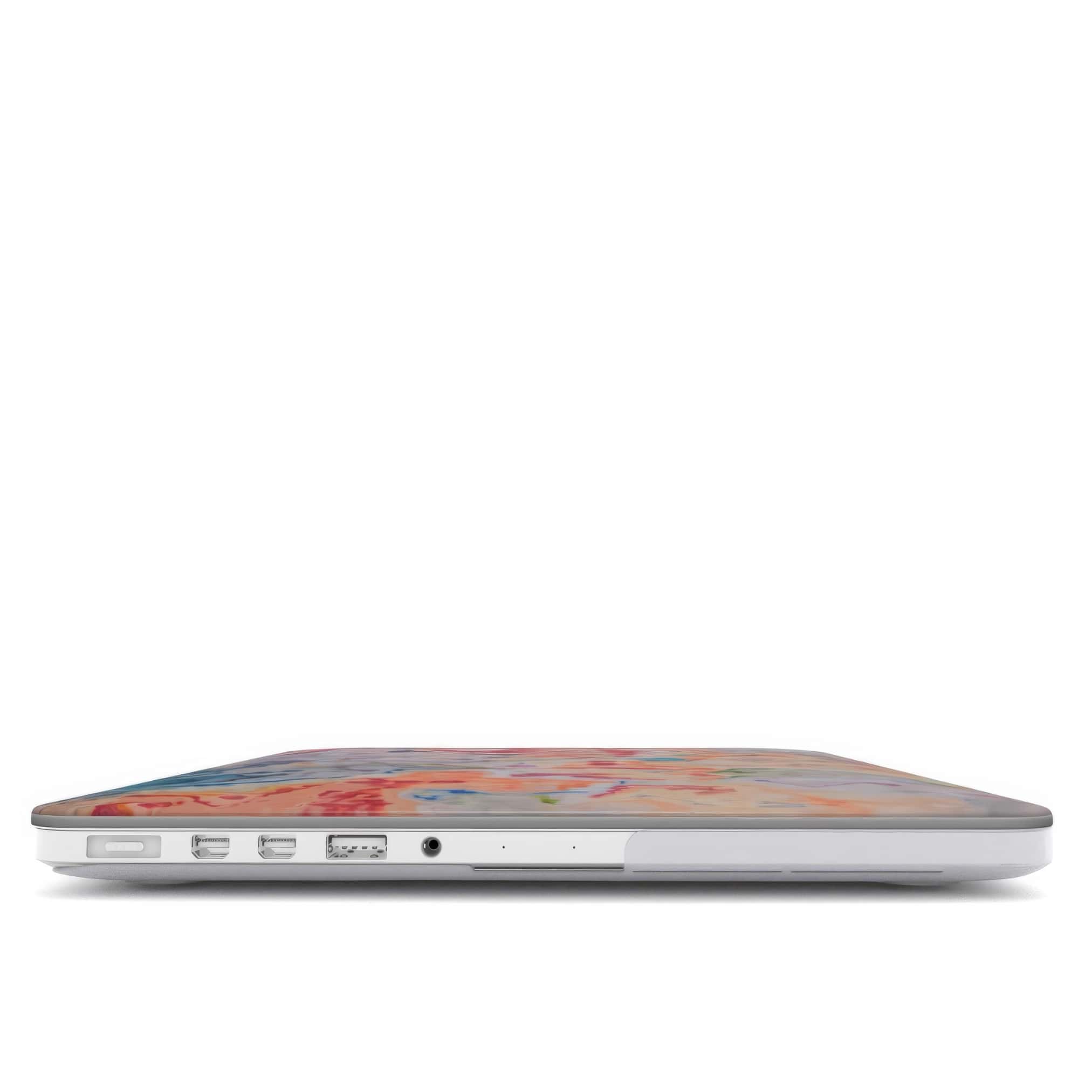 MacBook case with a bold vivid pattern Ufo 1 in marble abstract and artistic style, featuring an elegant and expressive aesthetic design. Main colors are blue, orange and red. Closed view.