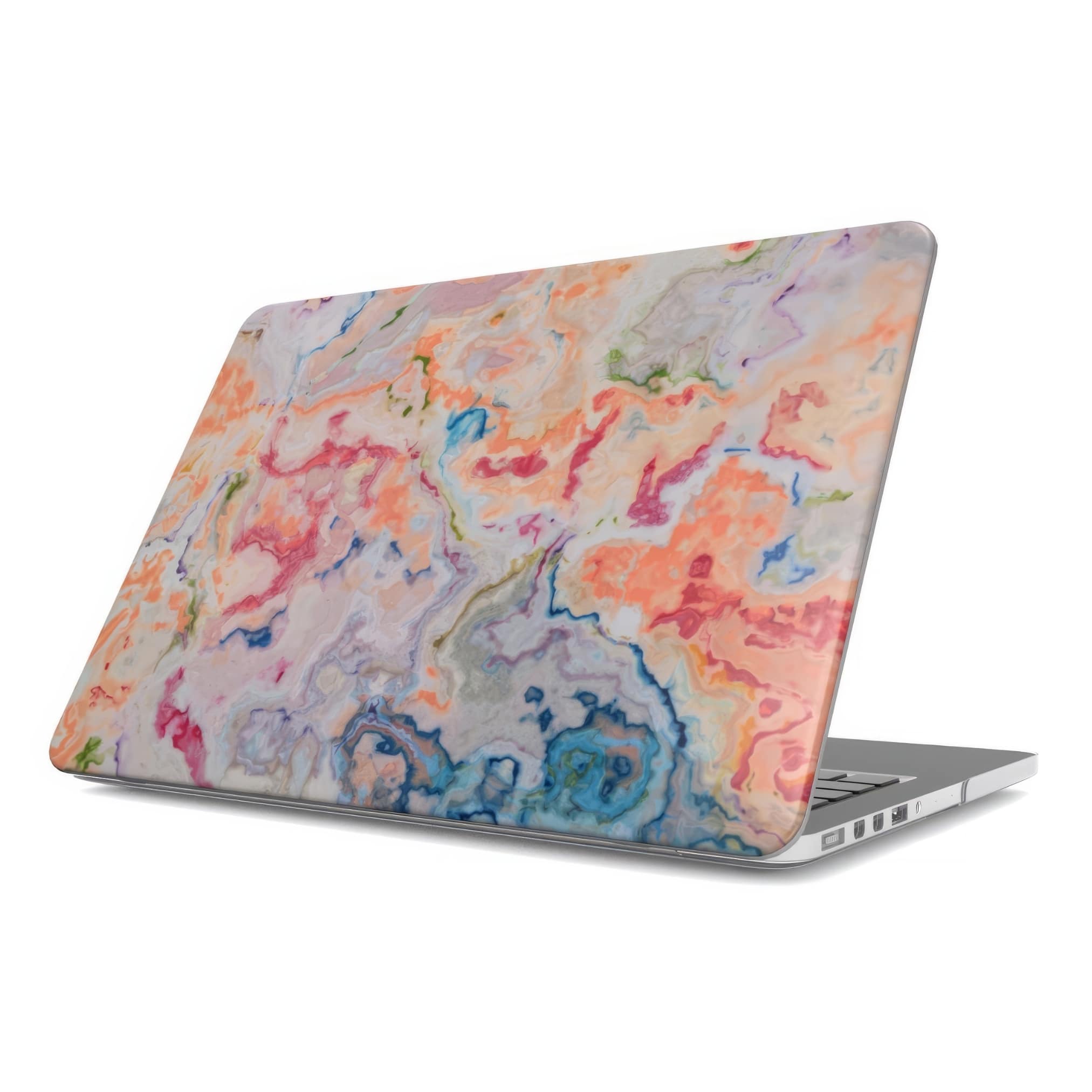 MacBook case with a bold vivid pattern Ufo 1 in marble abstract and artistic style, featuring an elegant and expressive aesthetic design. Main colors are blue, orange and red. Side view.