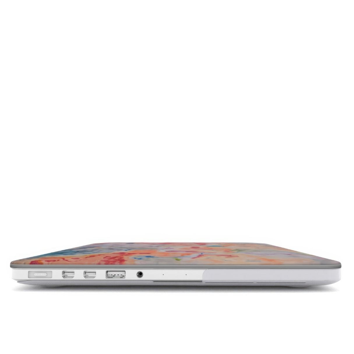 MacBook case with a bold vivid pattern Ufo in marble abstract and artistic style, featuring an elegant and expressive aesthetic design. Main colors are blue, orange and red. Closed view.