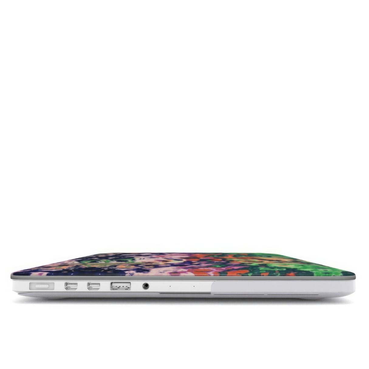 MacBook case with a bold vivid pattern Vincet in marble abstract and artistic style, featuring an elegant and expressive aesthetic design. Main colors are purple, orange and green. Closed view.