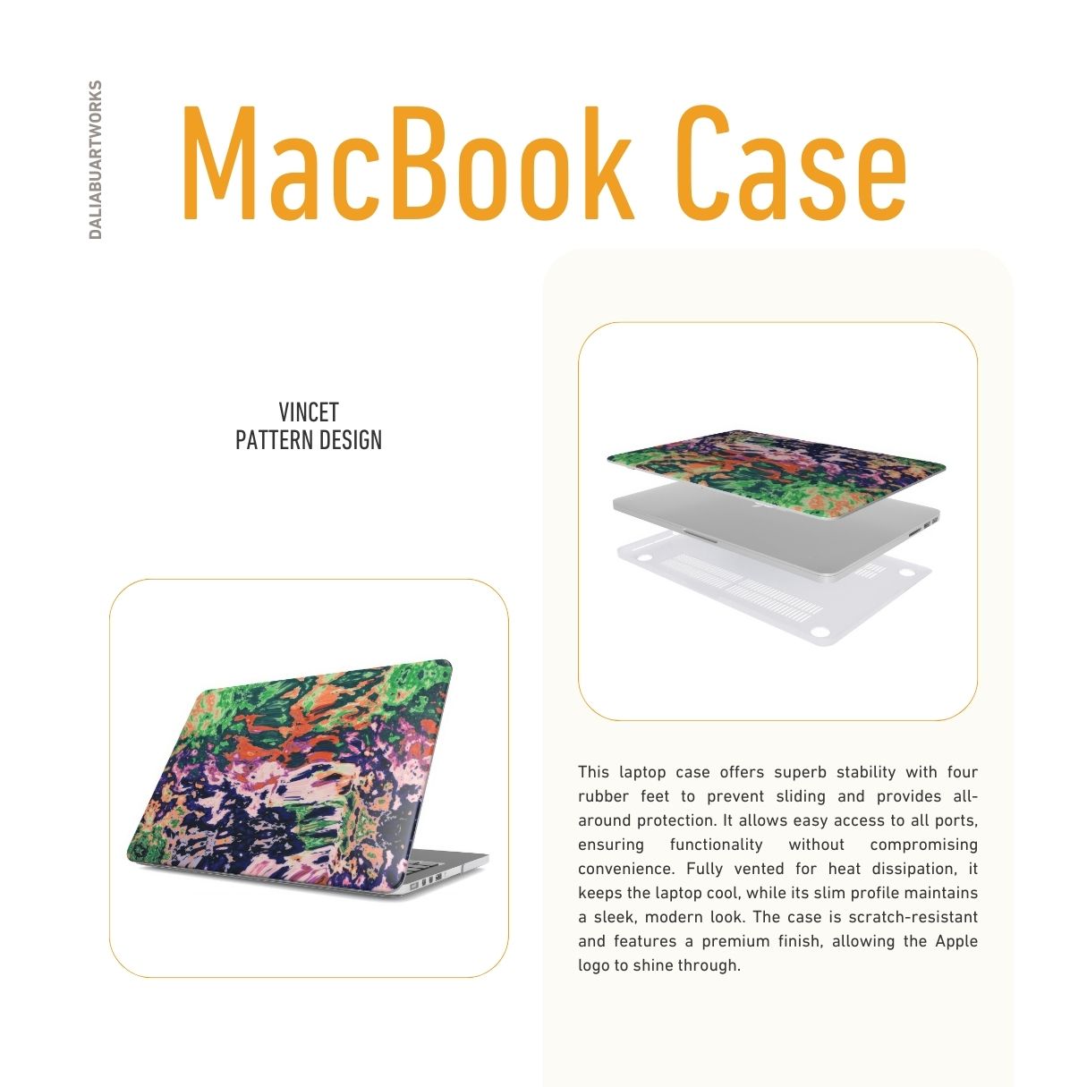 MacBook case with a bold vivid pattern Vincet in marble abstract and artistic style, featuring an elegant and expressive aesthetic design. Main colors are purple, orange and green. Description.